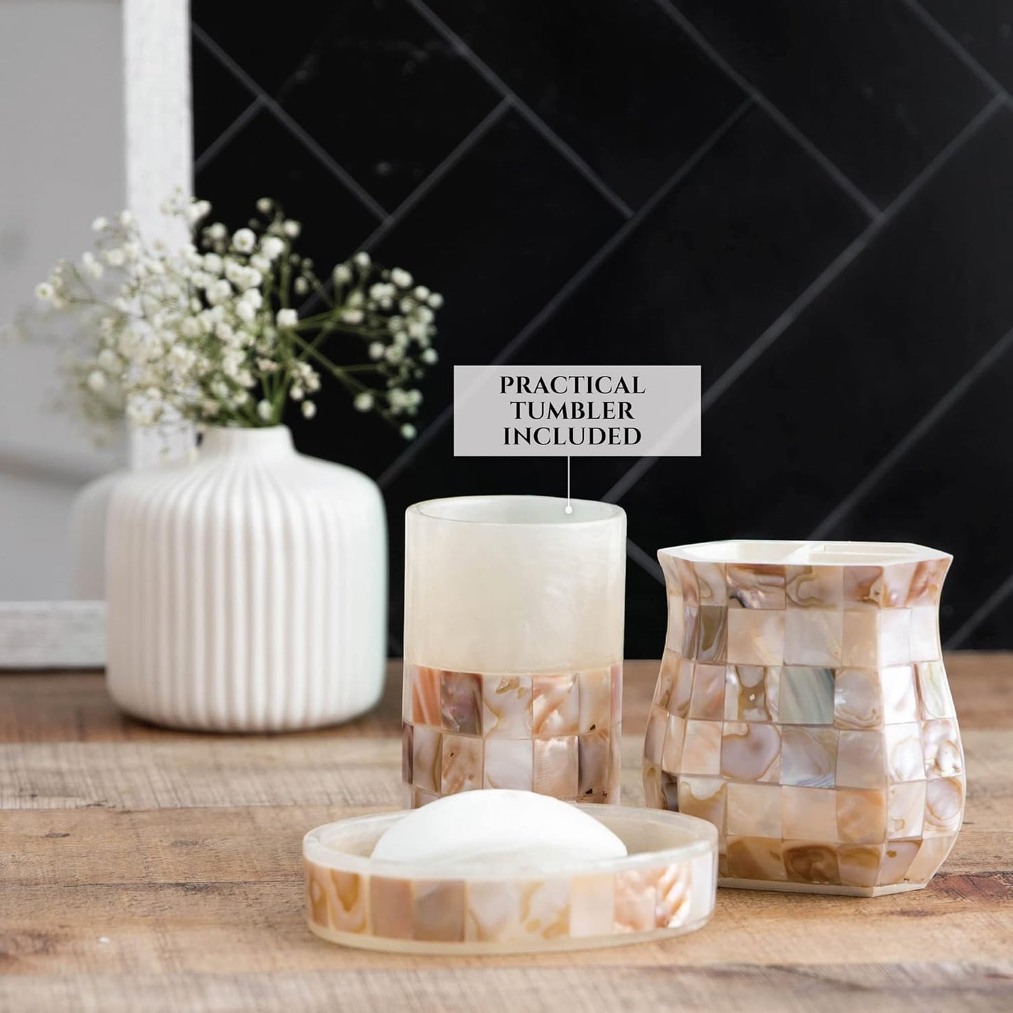 Milano 4-Piece Bathroom Accessory Set | Mother of Pearl Soap Dispenser, Toothbrush Holder, Tumbler & Soap Dish