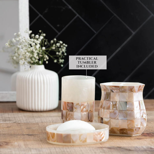 Milano 4-Piece Bathroom Accessory Set | Mother of Pearl Soap Dispenser, Toothbrush Holder, Tumbler & Soap Dish