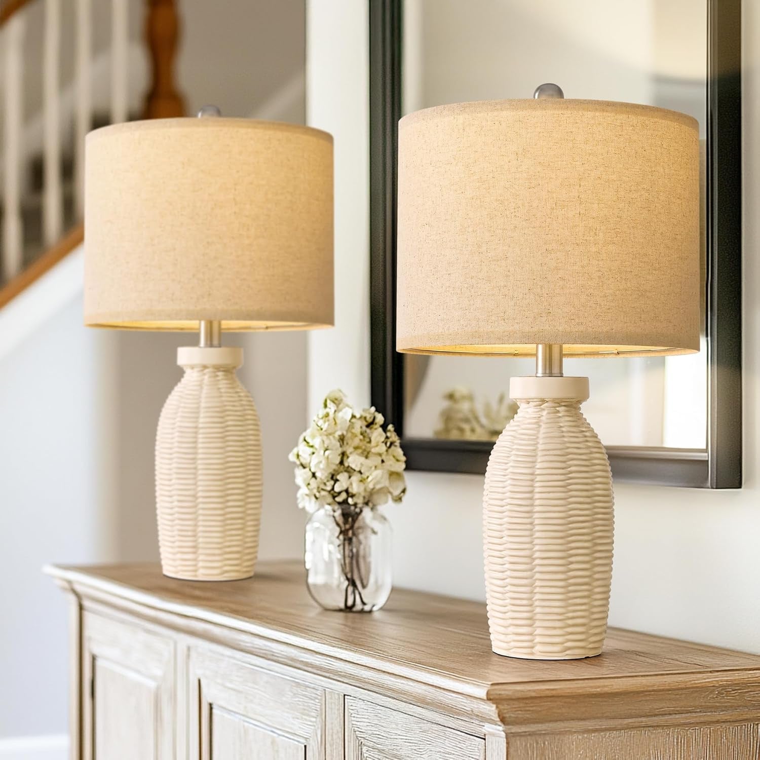 23" Table Lamp Set of 2 | Boho Farmhouse Rustic Vintage Bedside & Desk Lamps, Beige