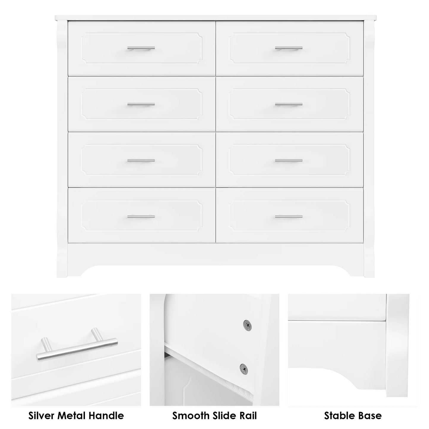 8 Drawer Double Dresser, White Horizontal Dresser Chest for Bedroom