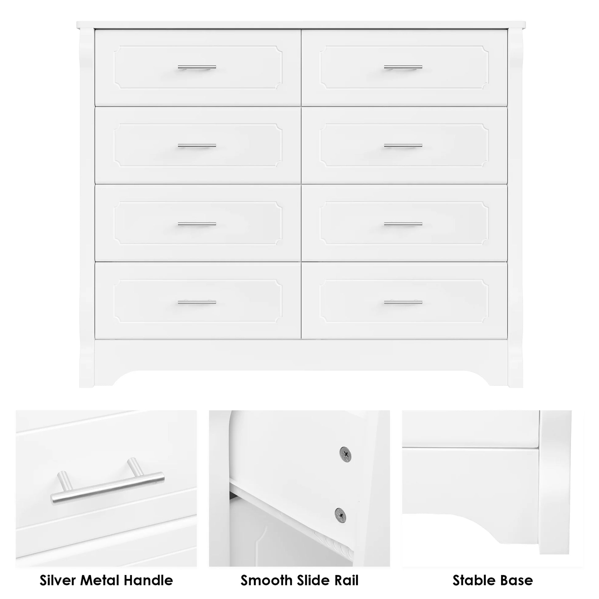 8 Drawer Double Dresser, White Horizontal Dresser Chest for Bedroom