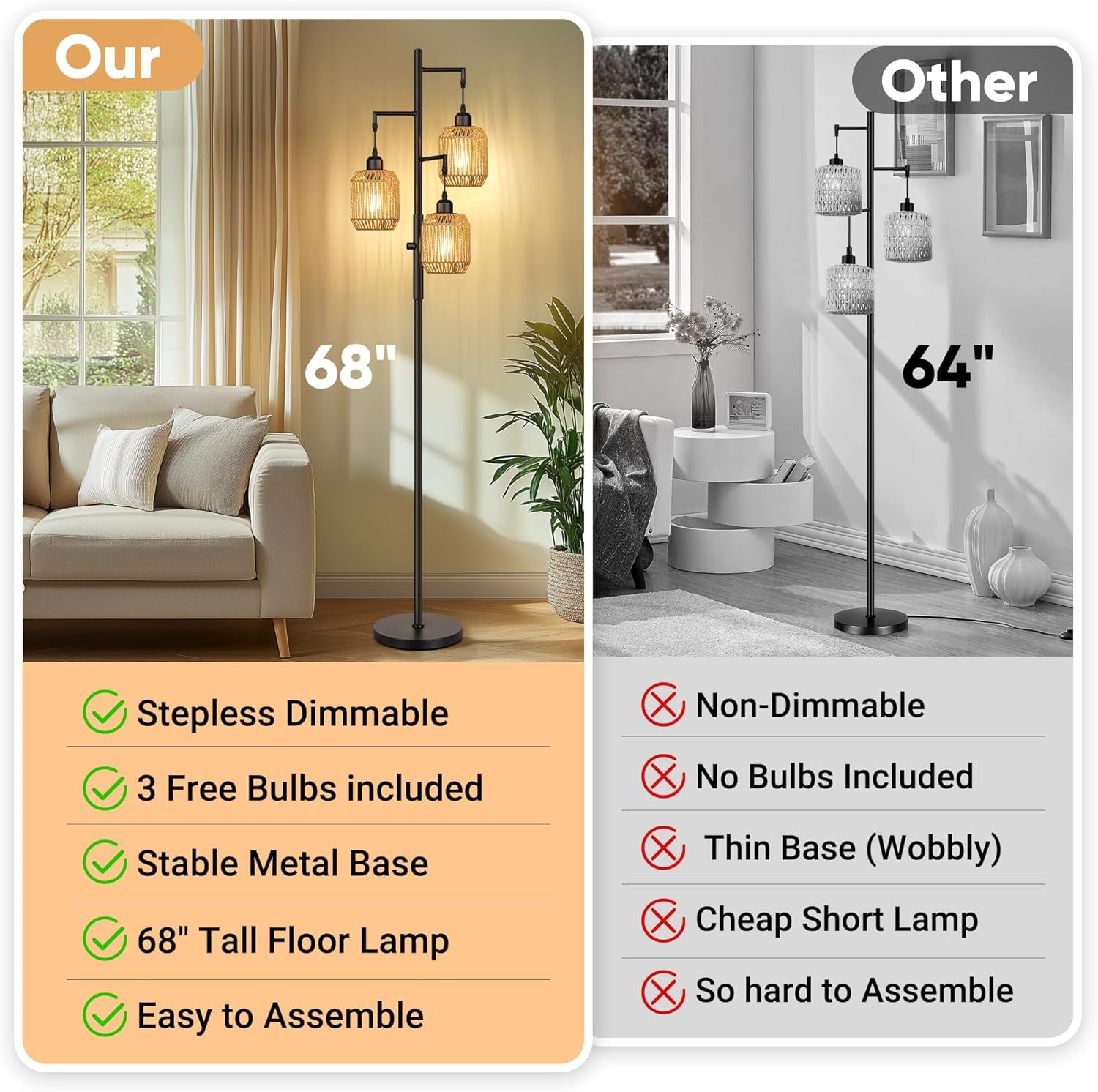 68" Dimmable Boho Floor Lamp | 3-Light Rattan Farmhouse Industrial Standing Lamp, Black