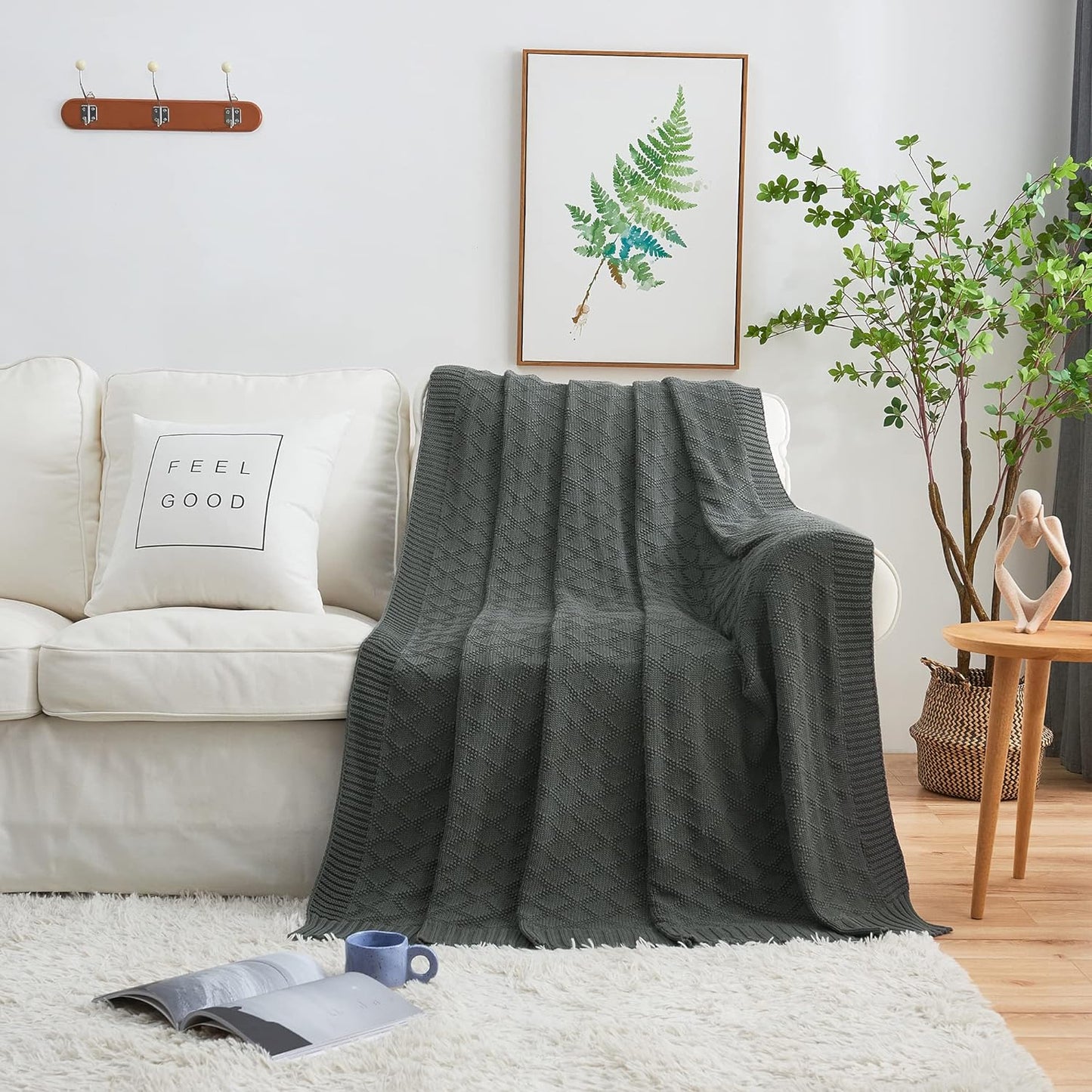 Charcoal Grey Cotton Throw Blanket for Couch Sofa Bed - Home Decorative Soft Cozy Sweater Fall Cable Knit Blankets -Dark Gray 2.2 Pounds 50 X 60 Inch