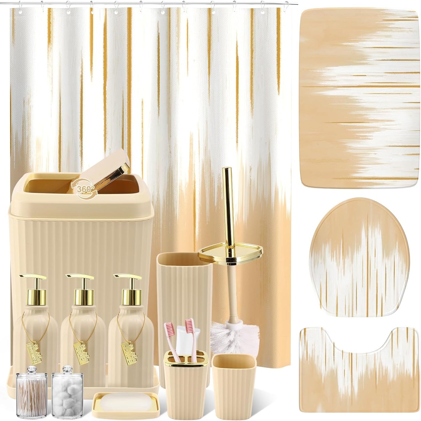 17-Piece Bathroom Accessory Set – Toilet Brush, Trash Can, Qtip Holder & 3 Soap Dispensers