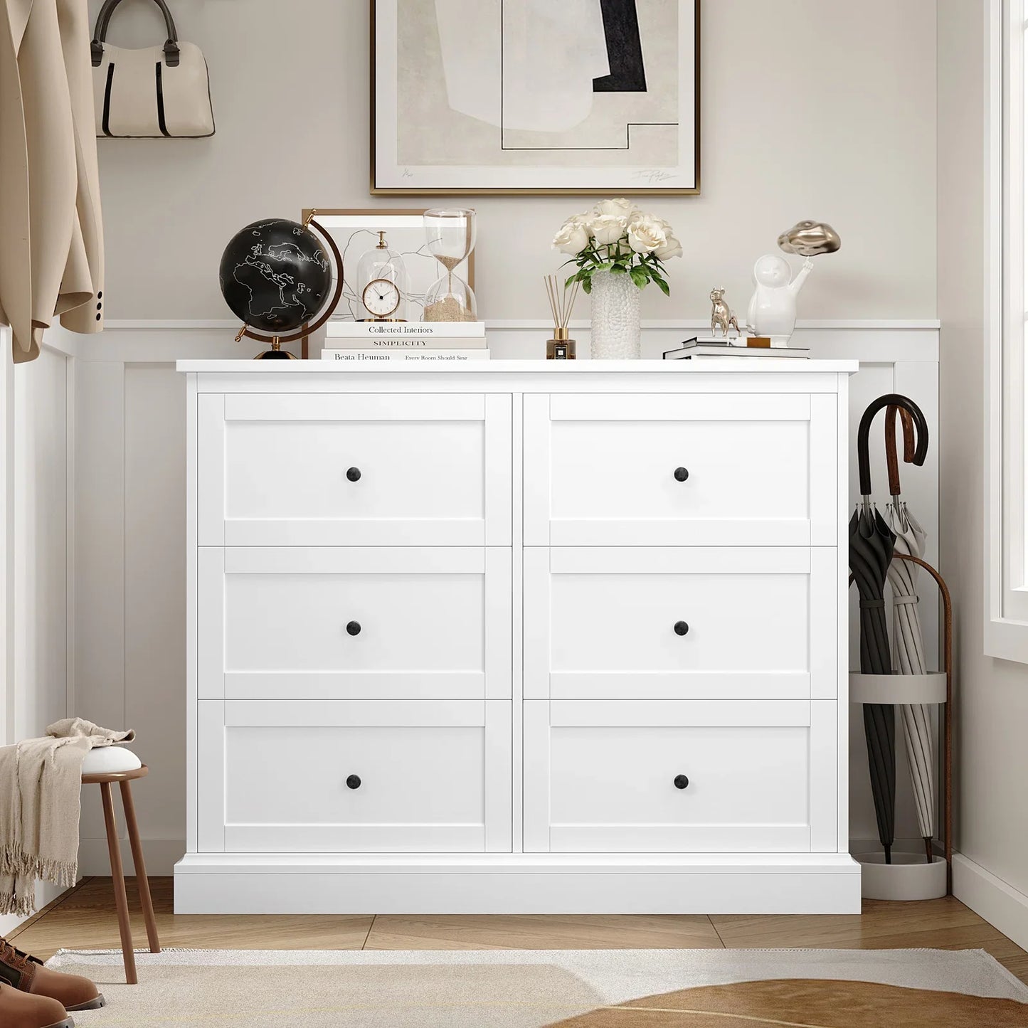 White 6-Drawer Double Dresser | 42.5" Wide Wooden Bedroom Chest of Drawers