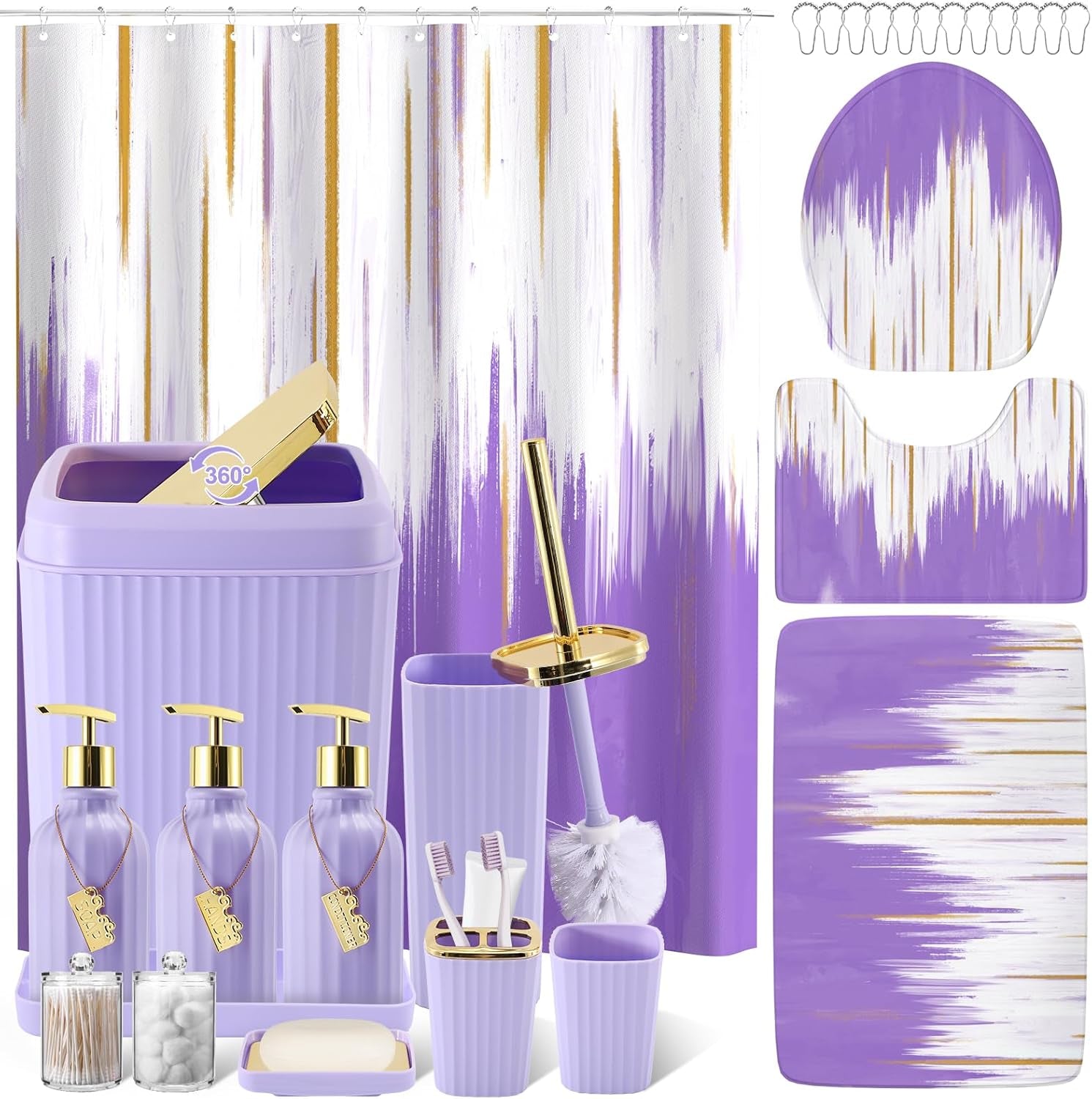 17-Piece Bathroom Accessory Set – Toilet Brush, Trash Can, Qtip Holder & 3 Soap Dispensers