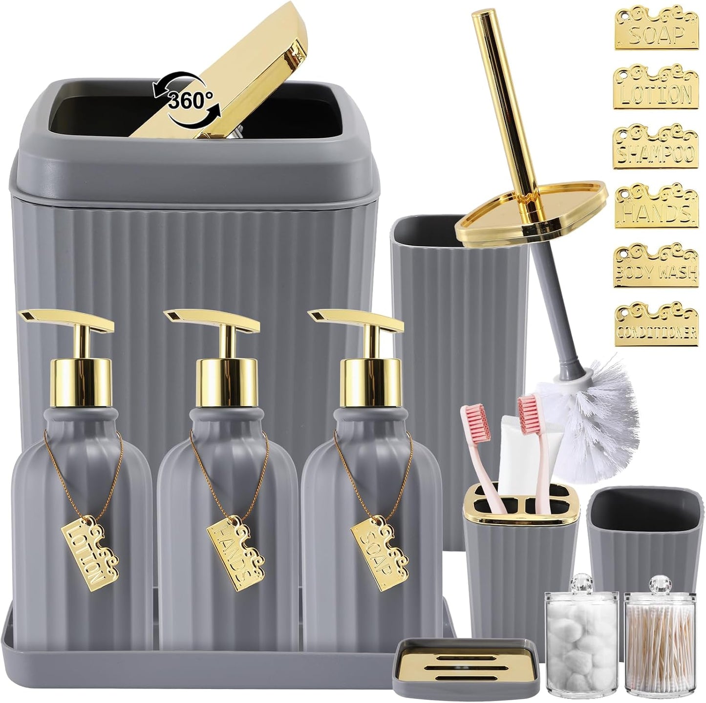 17-Piece Bathroom Accessory Set – Toilet Brush, Trash Can, Qtip Holder & 3 Soap Dispensers