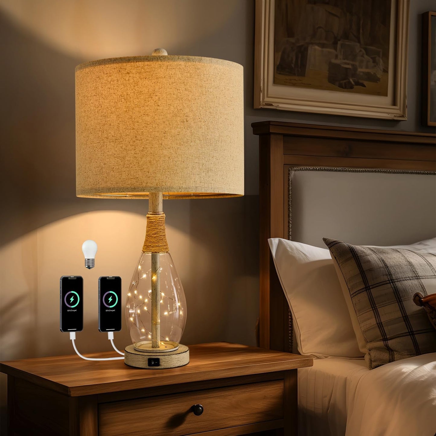 23" USB A+C Table Lamp Set of 2 | Modern Retro Farmhouse Rattan & Glass Bedside Lamps