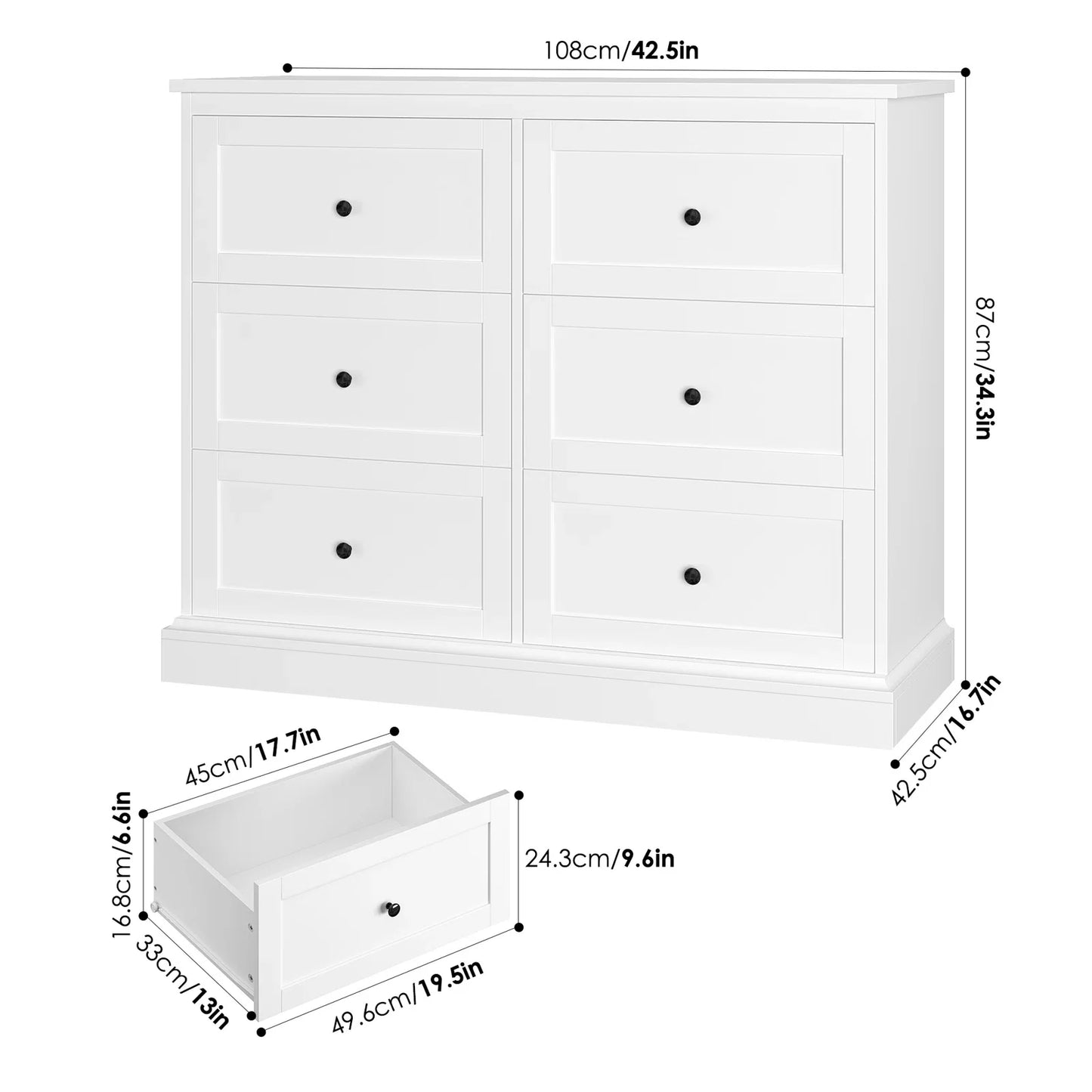 White 6-Drawer Double Dresser | 42.5" Wide Wooden Bedroom Chest of Drawers