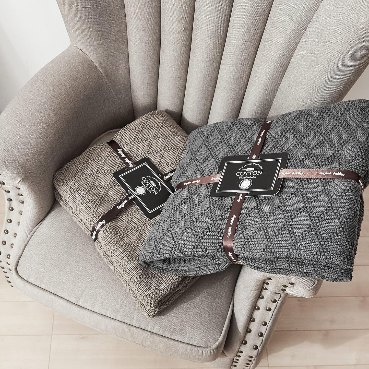 Charcoal Grey Cotton Throw Blanket for Couch Sofa Bed - Home Decorative Soft Cozy Sweater Fall Cable Knit Blankets -Dark Gray 2.2 Pounds 50 X 60 Inch