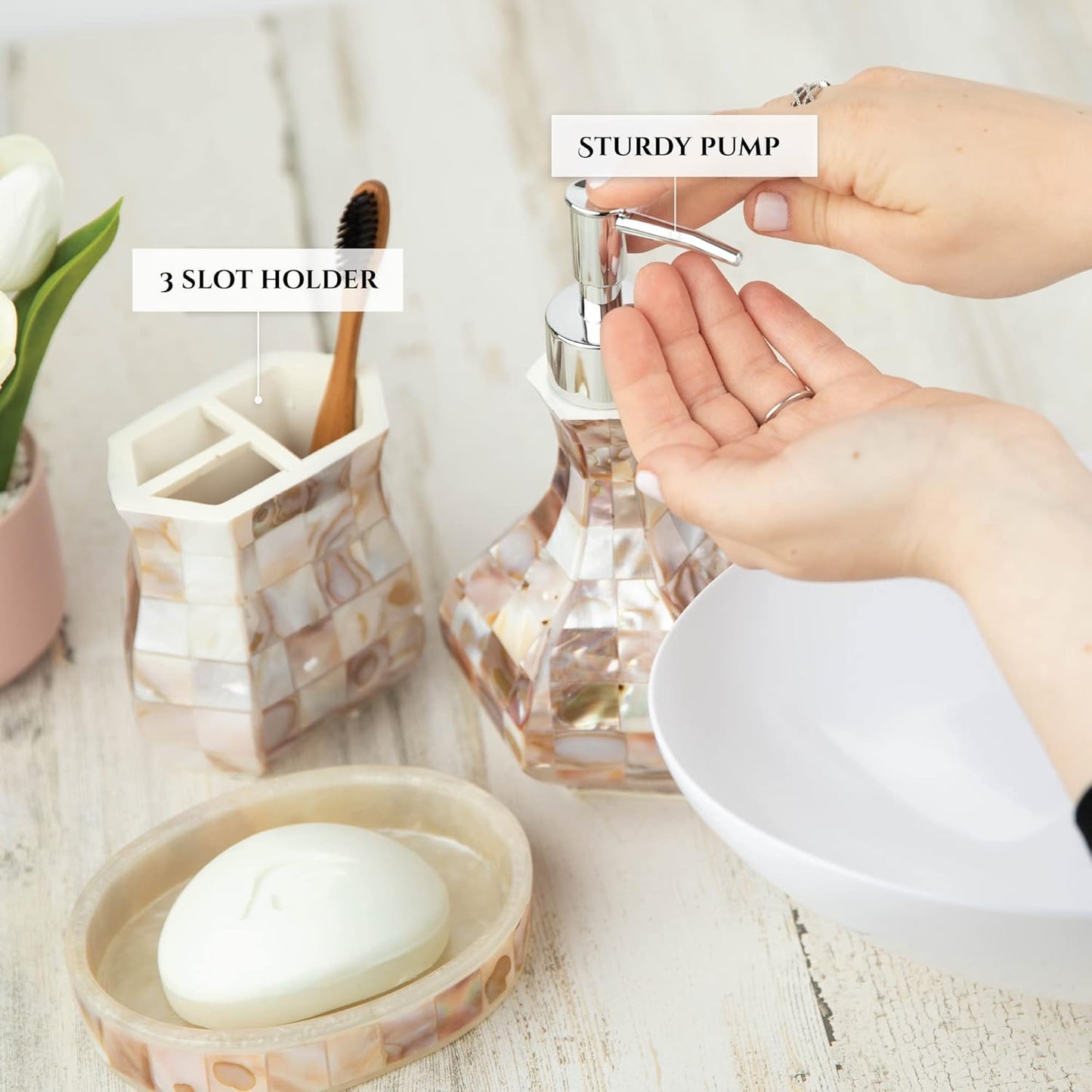 Milano 4-Piece Bathroom Accessory Set | Mother of Pearl Soap Dispenser, Toothbrush Holder, Tumbler & Soap Dish