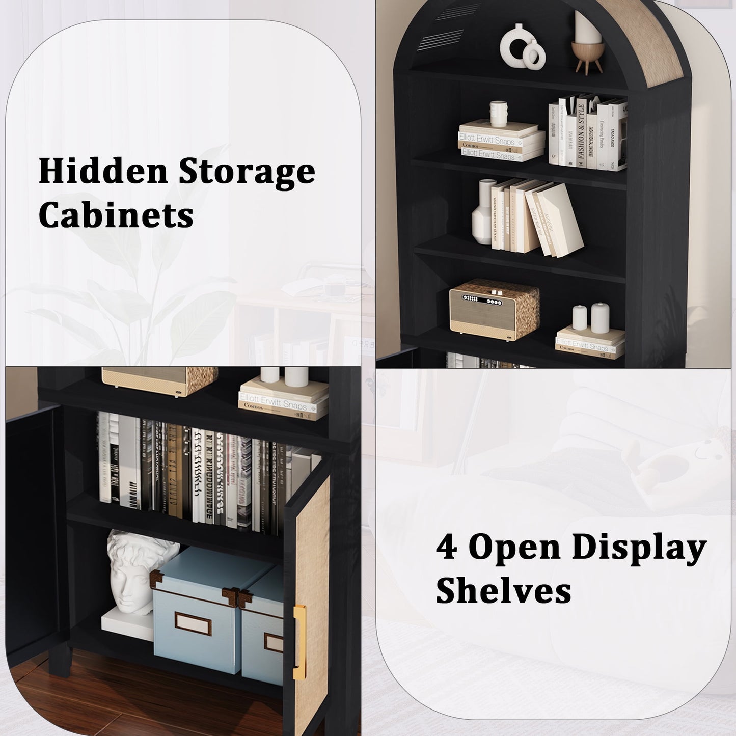 71" Tall Arched Bookshelf with Doors | Mid-Century Modern 6-Tier Rattan Storage Shelf, Black