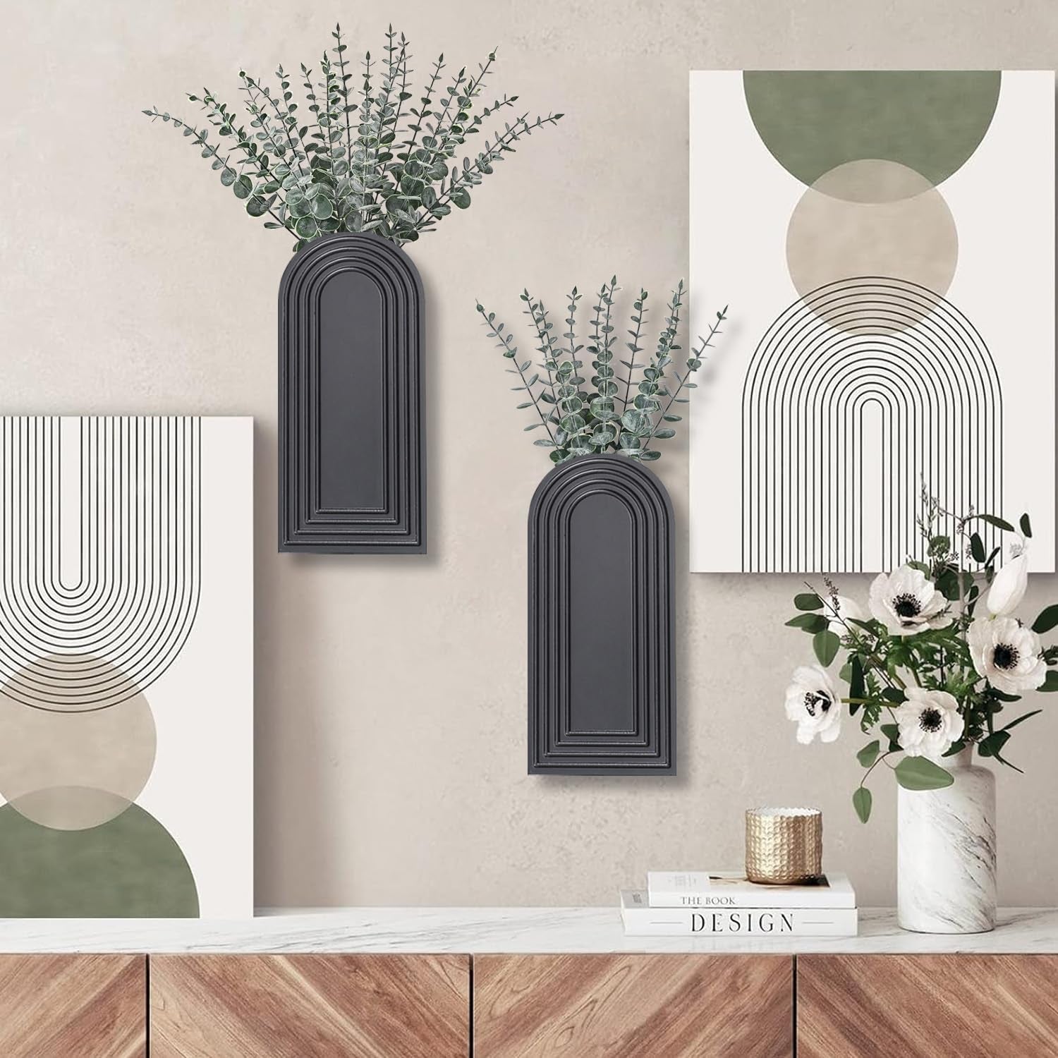 2-Pack Wooden Wall Vase Set | Black Modern Farmhouse & Boho Wall Decor for Entryway, Hallway & Living Spaces