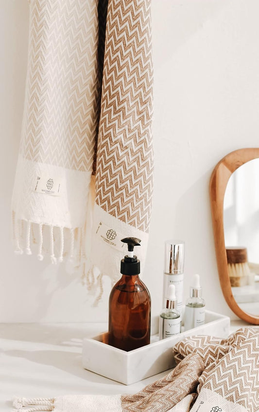 Exclusive Hand Towels Set of 2-18 X 40 Inches - Decorative Bathroom Peshtemal Towel for Hand, Face, Hair, Yoga, Tea, Dishcloth, Kitchen and Bath - 100% Pure Cotton (Beige)