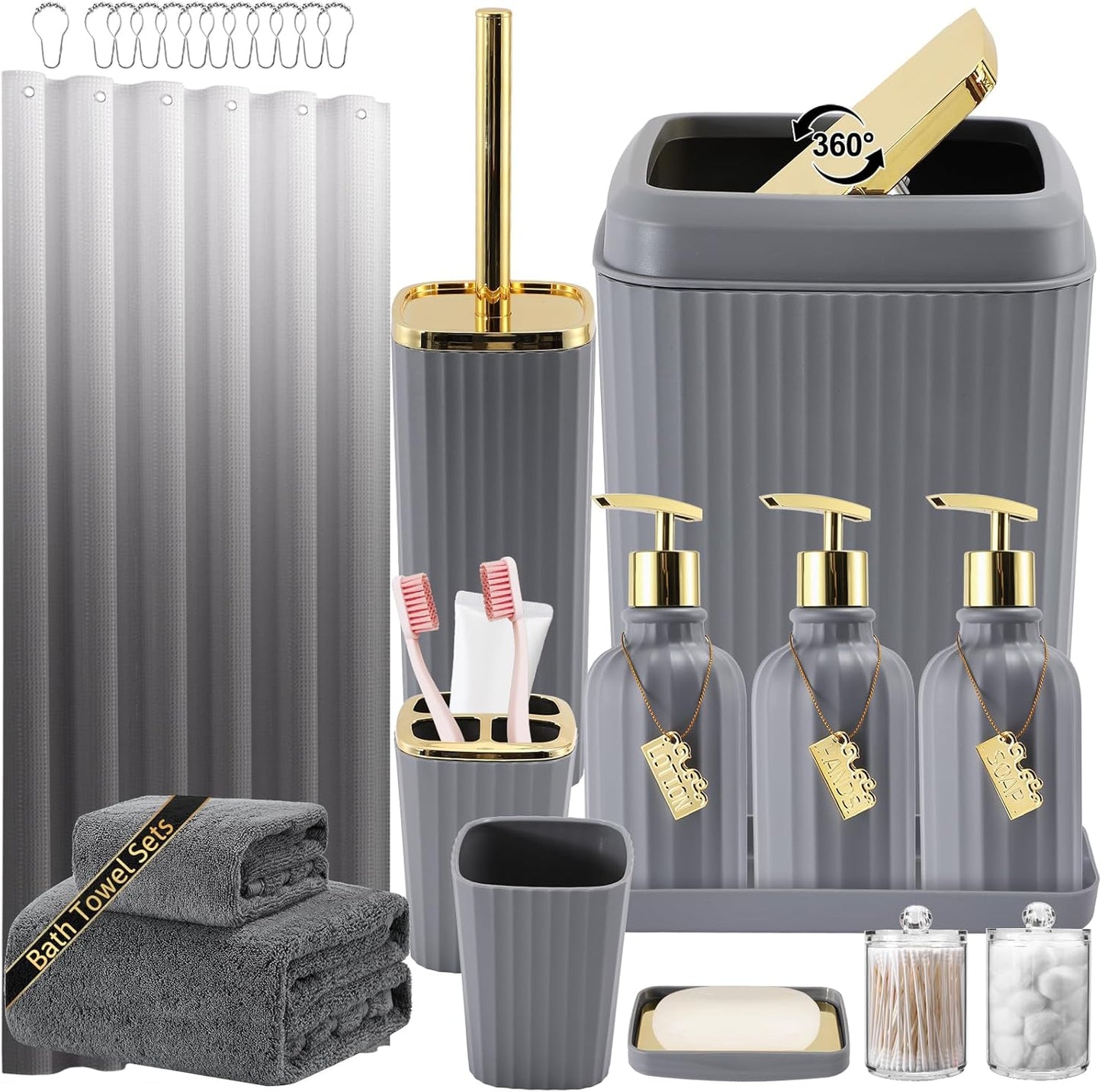 17-Piece Bathroom Accessory Set – Toilet Brush, Trash Can, Qtip Holder & 3 Soap Dispensers