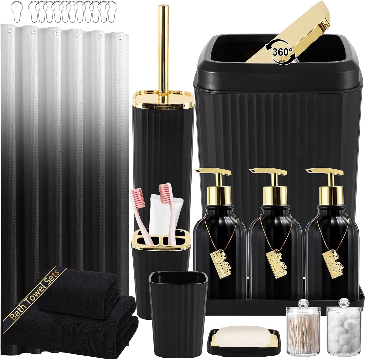 17-Piece Bathroom Accessory Set – Toilet Brush, Trash Can, Qtip Holder & 3 Soap Dispensers
