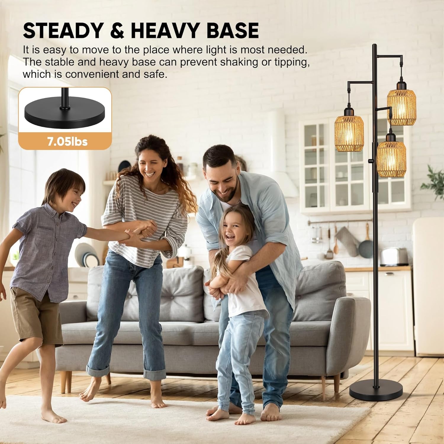 68" Dimmable Boho Floor Lamp | 3-Light Rattan Farmhouse Industrial Standing Lamp, Black