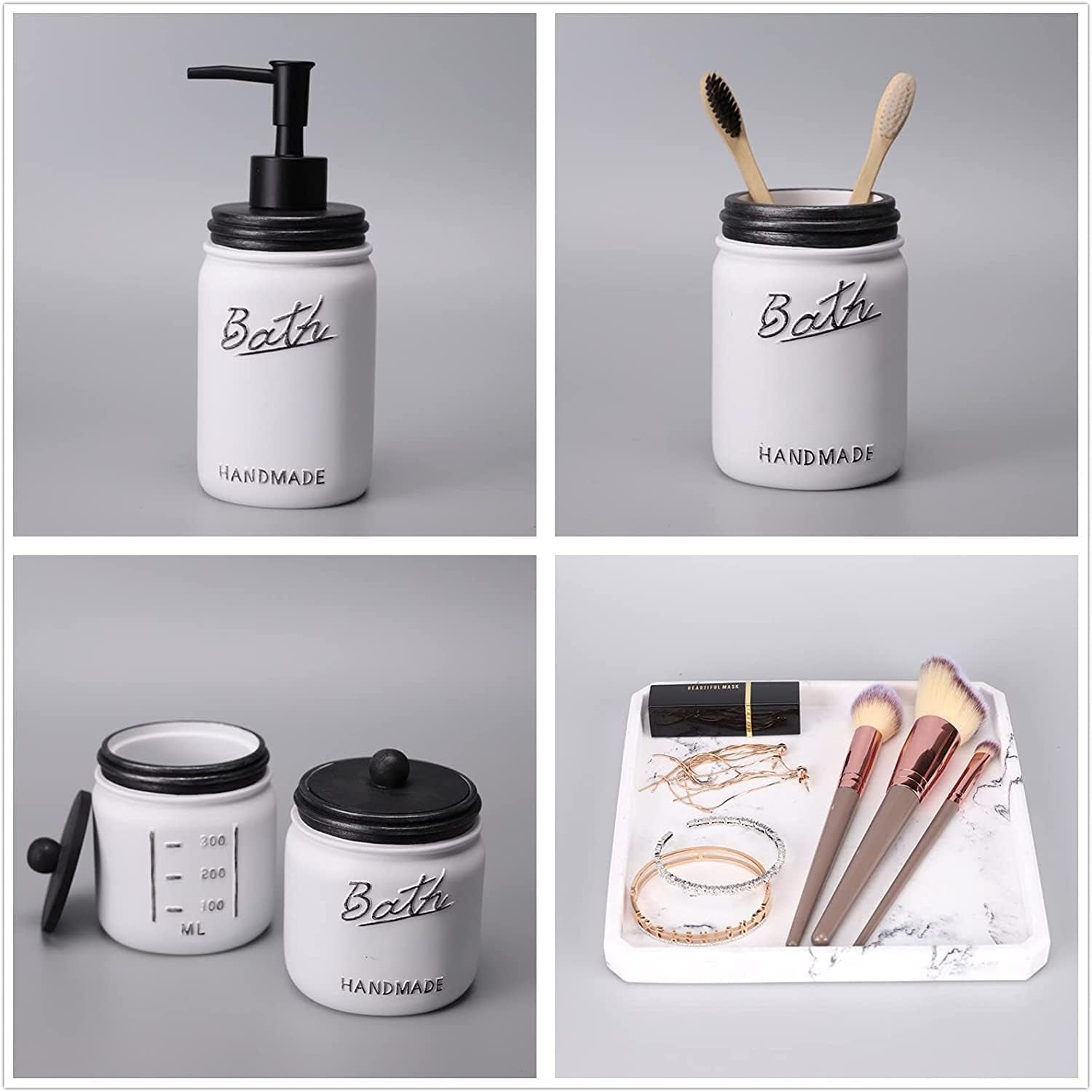 Mason Jar Bathroom Accessories Set | 5-Piece (Black/White)