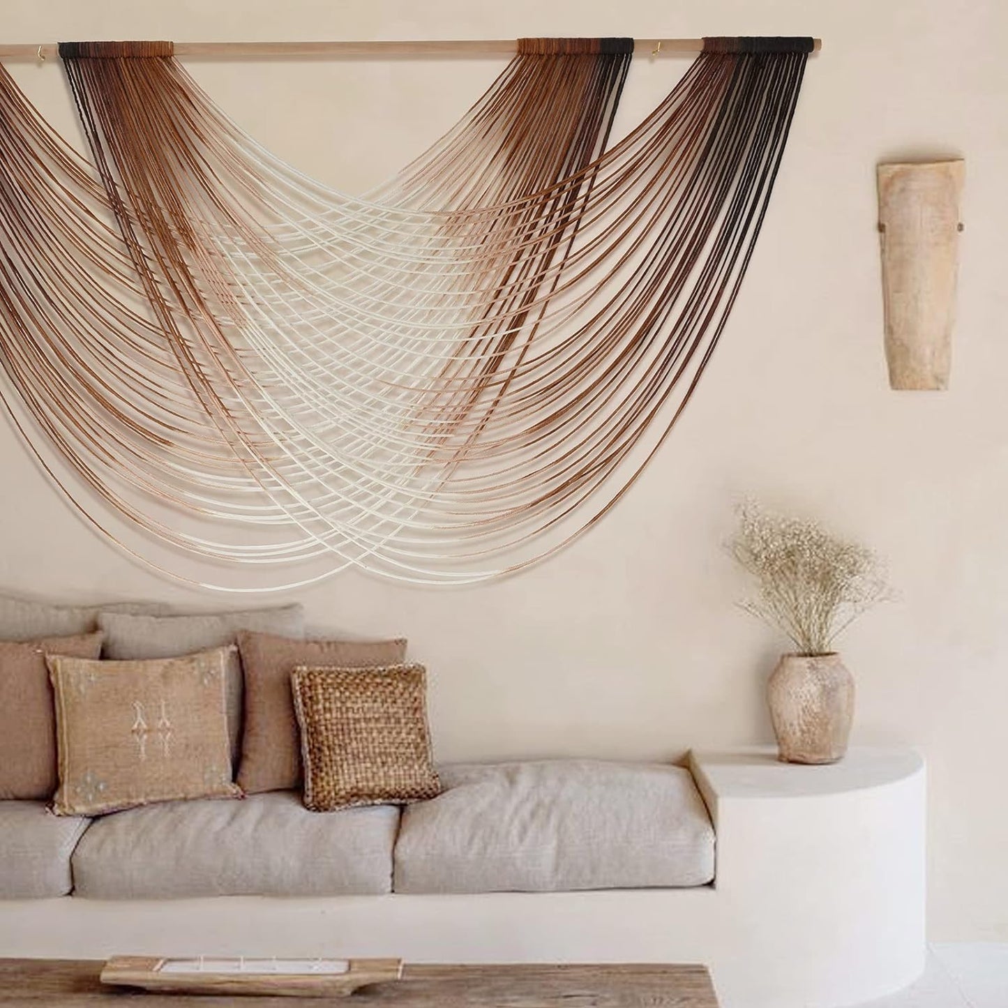Macrame Wall Hanging | Dip Dye Brown Boho Yarn Tapestry for Modern Living Room & Bedroom, 57" x 35"