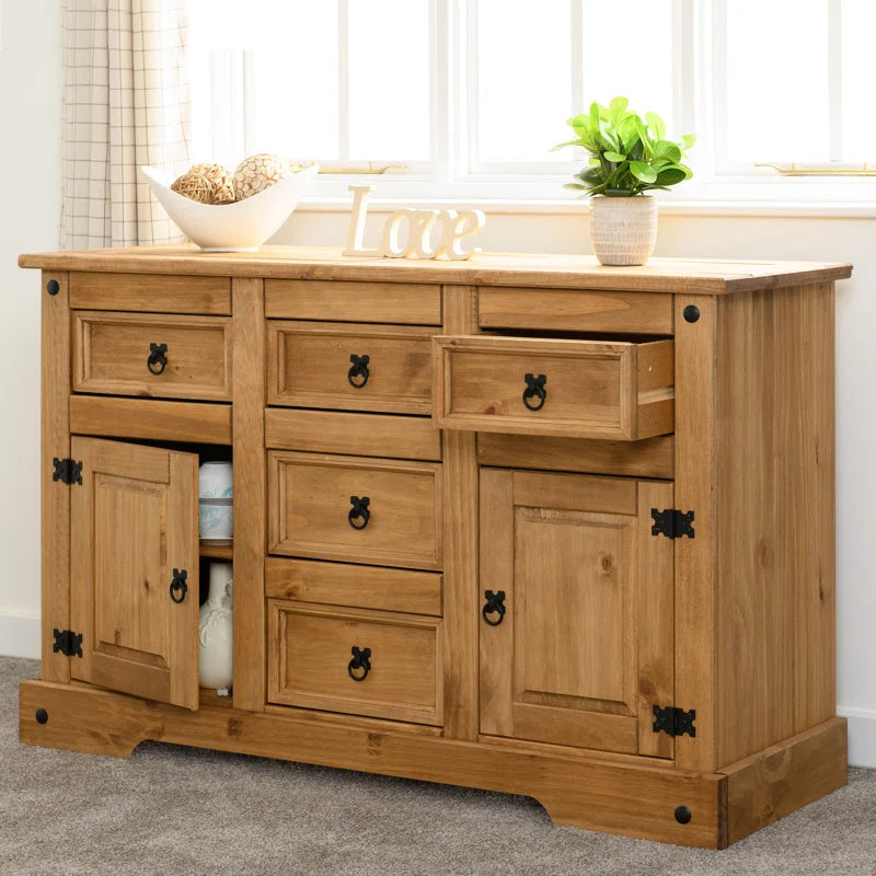 Odelie Solid Wood Farmhouse Buffet Cabinet Sideboard 2 Doors 5 Drawers