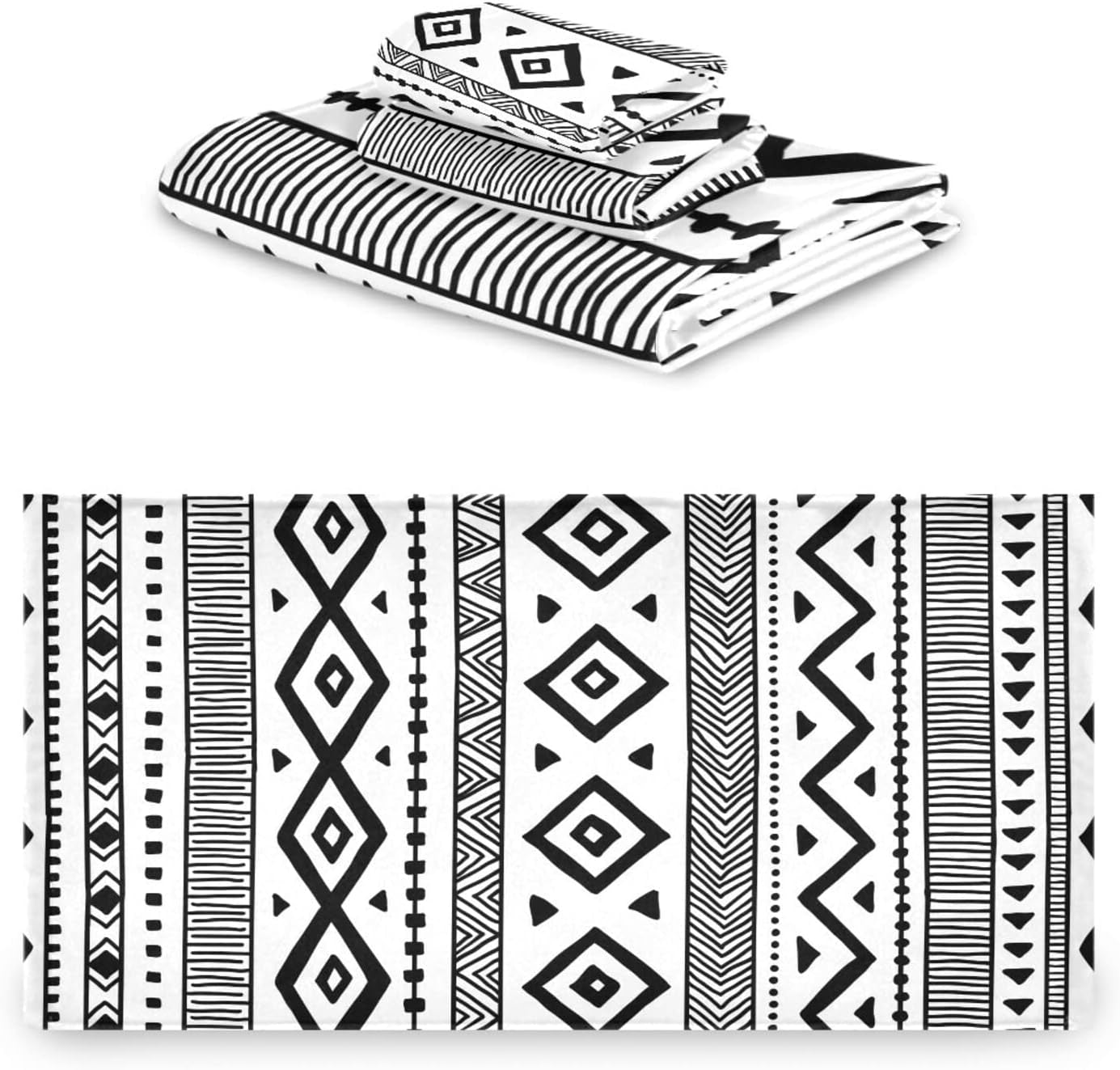 3-Piece Aztec Boho Bath Towel Set | Soft, Highly Absorbent Black & White Tribal Towels for Bathroom, Spa & Hotel