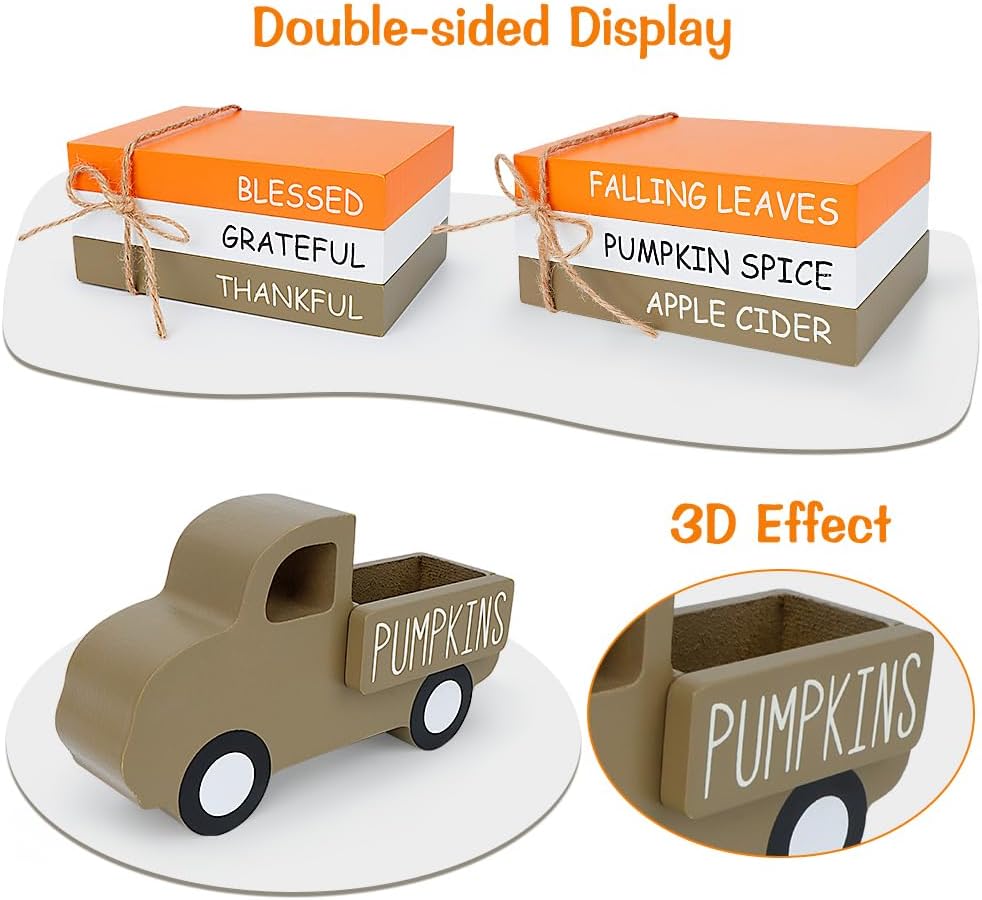 Fall Table Decor | Farmhouse Wooden Signs with Pumpkins & 3D Truck for Tiered Tray, Shelf & Mantle