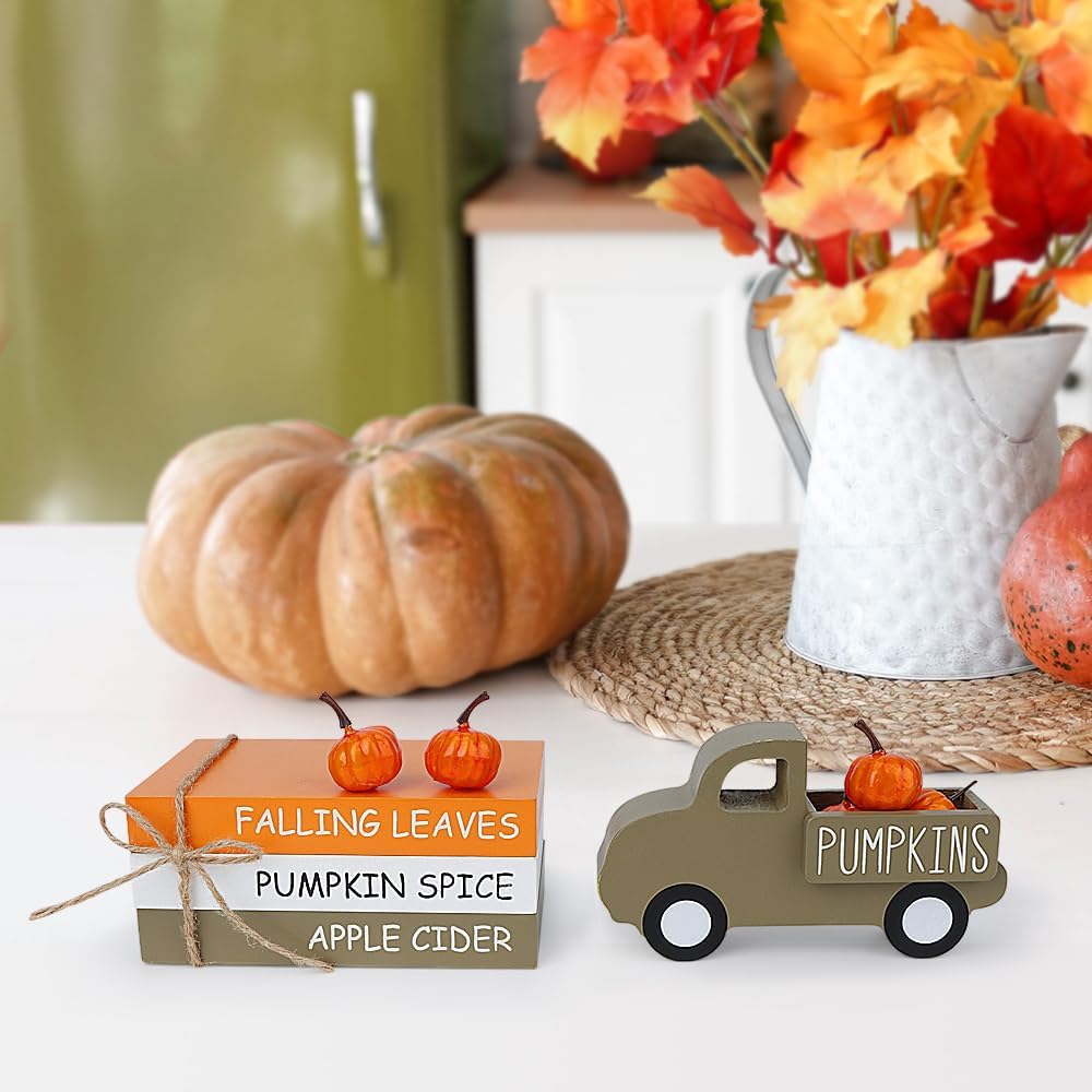 Fall Table Decor | Farmhouse Wooden Signs with Pumpkins & 3D Truck for Tiered Tray, Shelf & Mantle