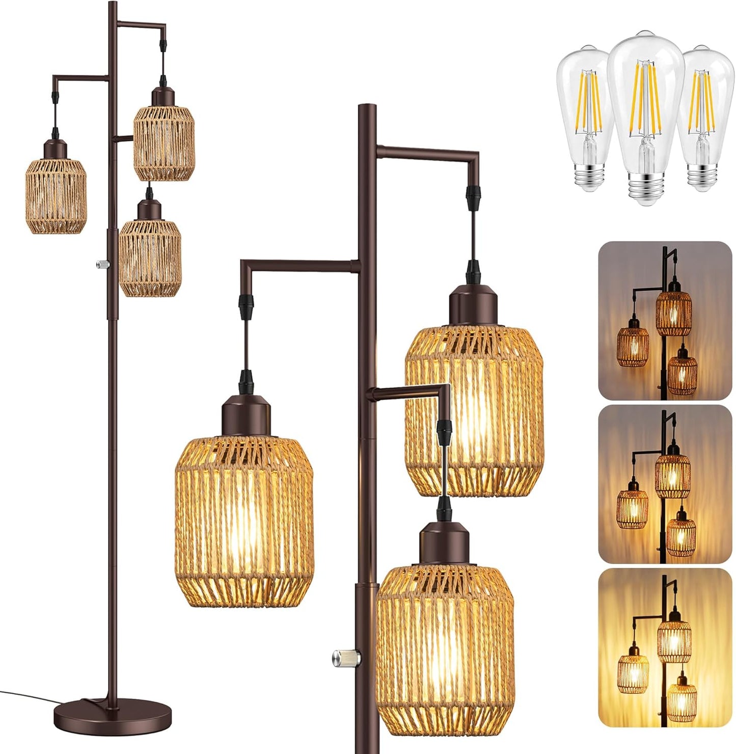 68" Dimmable Boho Floor Lamp | 3-Light Rattan Farmhouse Industrial Standing Lamp, Black