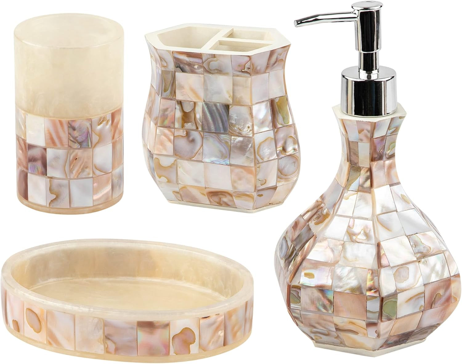 Milano 4-Piece Bathroom Accessory Set | Mother of Pearl Soap Dispenser, Toothbrush Holder, Tumbler & Soap Dish
