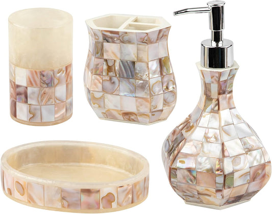 Milano 4-Piece Bathroom Accessory Set | Mother of Pearl Soap Dispenser, Toothbrush Holder, Tumbler & Soap Dish