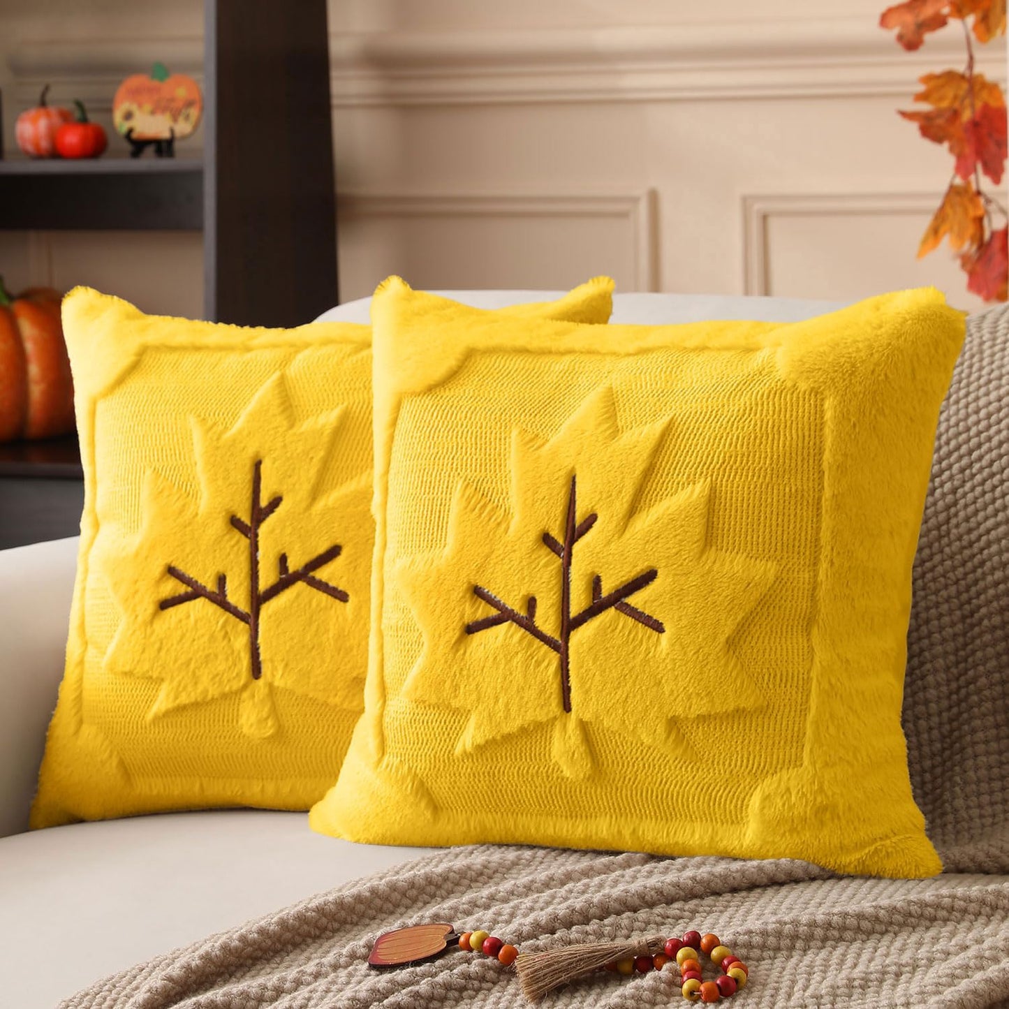 Fall Pillow Covers 18x18 Set of 2 | Beige Pumpkin Embroidery Plush Faux Fur Cushion Covers for Sofa