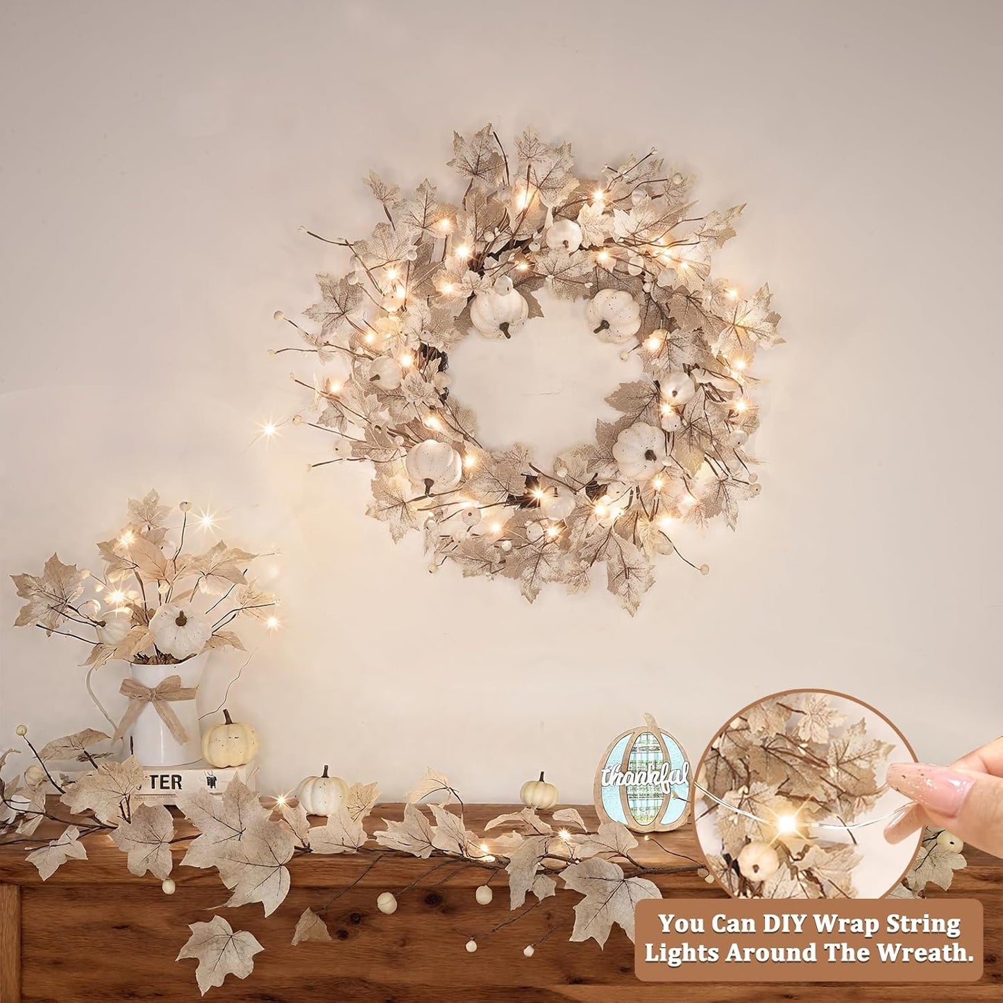 26-Inch Lighted Fall Wreath for Front Door | Foldable Autumn Maple Leaf & Pumpkin Wreath with Timer, Indoor/Outdoor Thanksgiving Harvest Décor