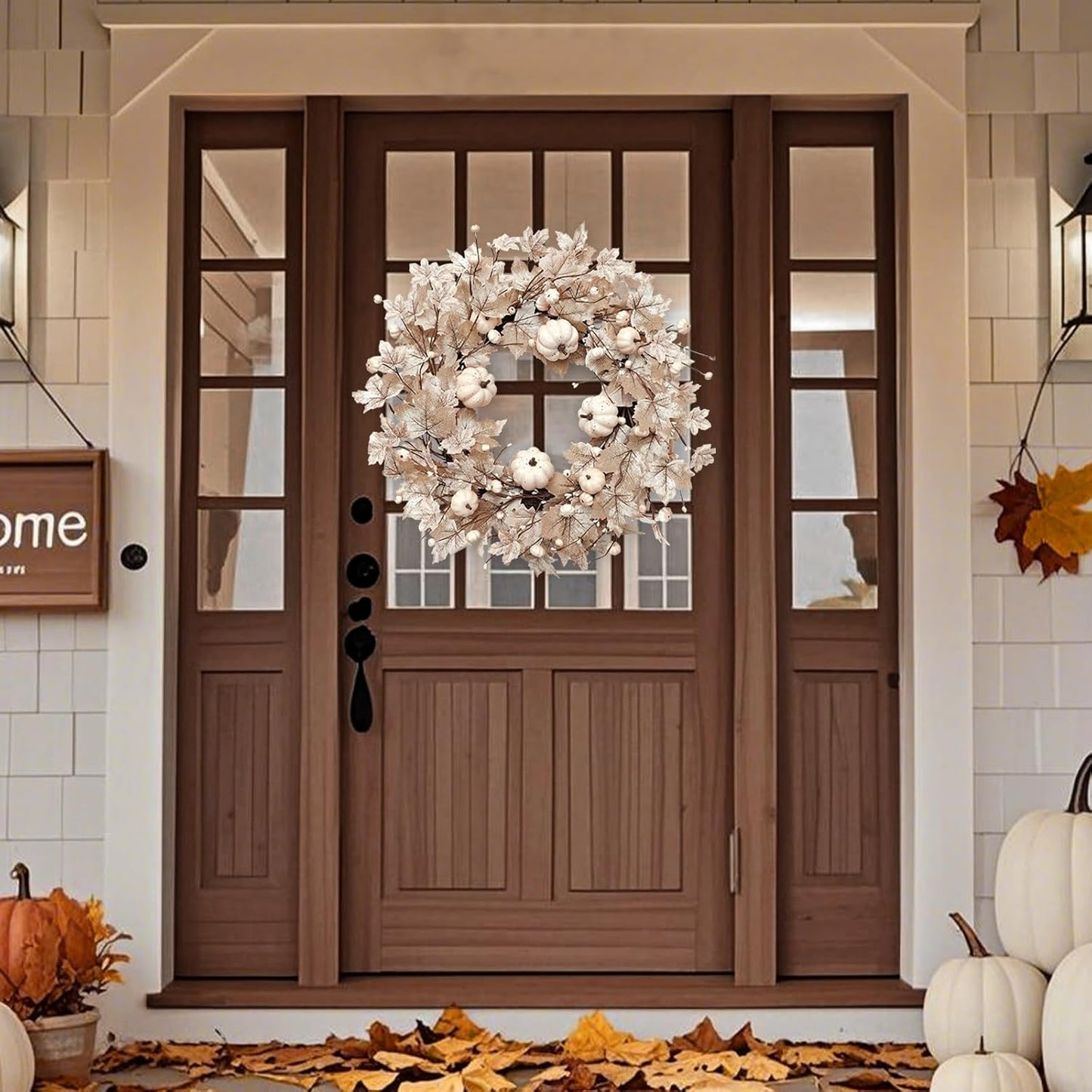 26-Inch Lighted Fall Wreath for Front Door | Foldable Autumn Maple Leaf & Pumpkin Wreath with Timer, Indoor/Outdoor Thanksgiving Harvest Décor