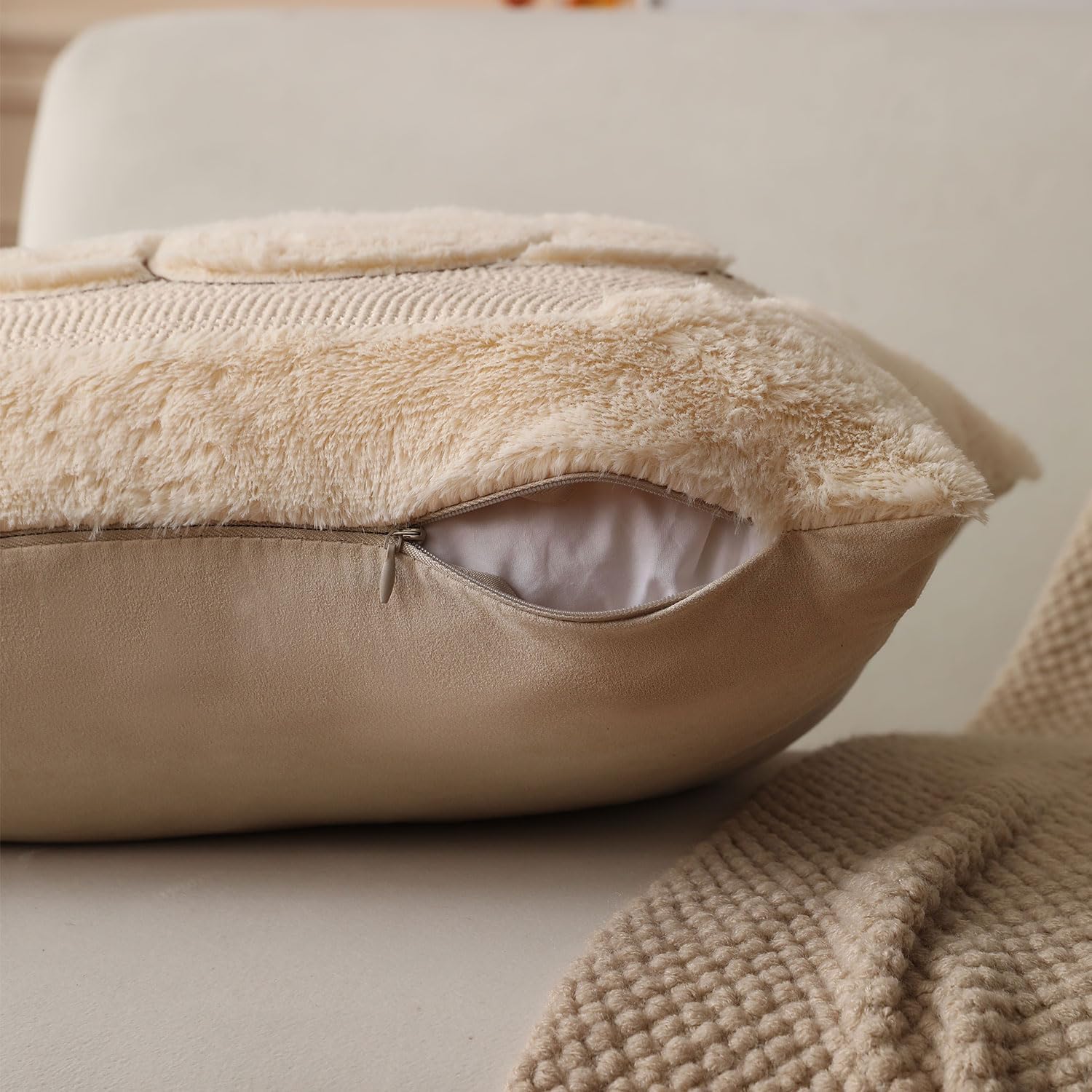 Fall Pillow Covers 18x18 Set of 2 | Beige Pumpkin Embroidery Plush Faux Fur Cushion Covers for Sofa