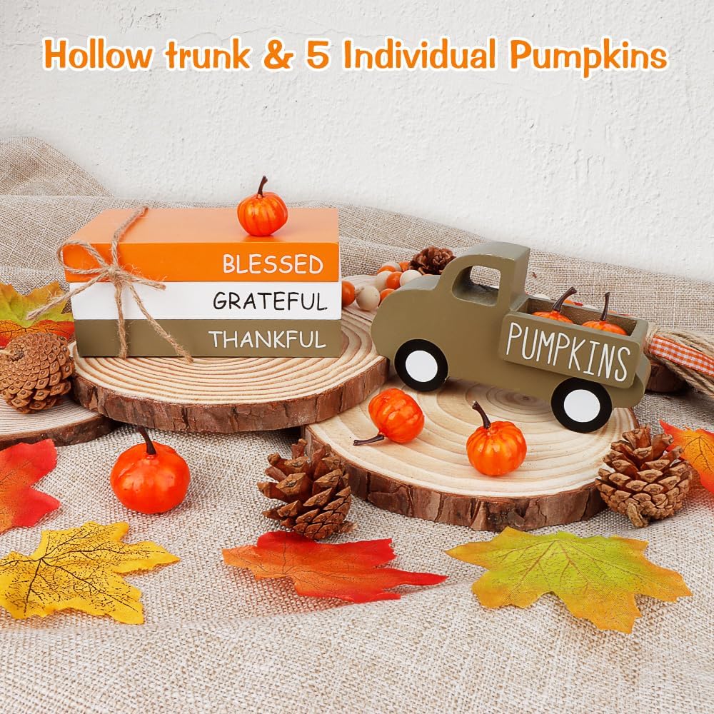 Fall Table Decor | Farmhouse Wooden Signs with Pumpkins & 3D Truck for Tiered Tray, Shelf & Mantle