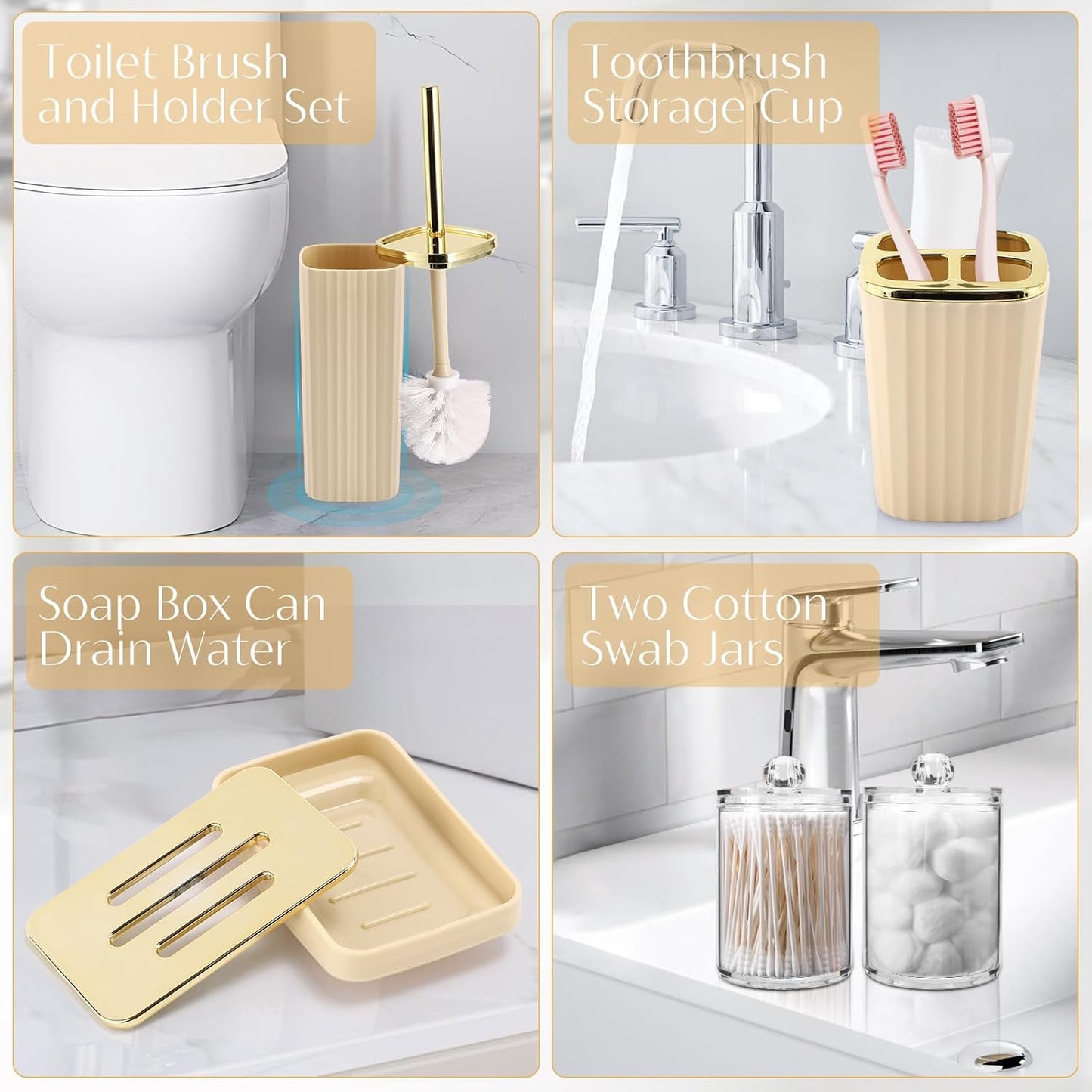 17-Piece Bathroom Accessory Set – Toilet Brush, Trash Can, Qtip Holder & 3 Soap Dispensers