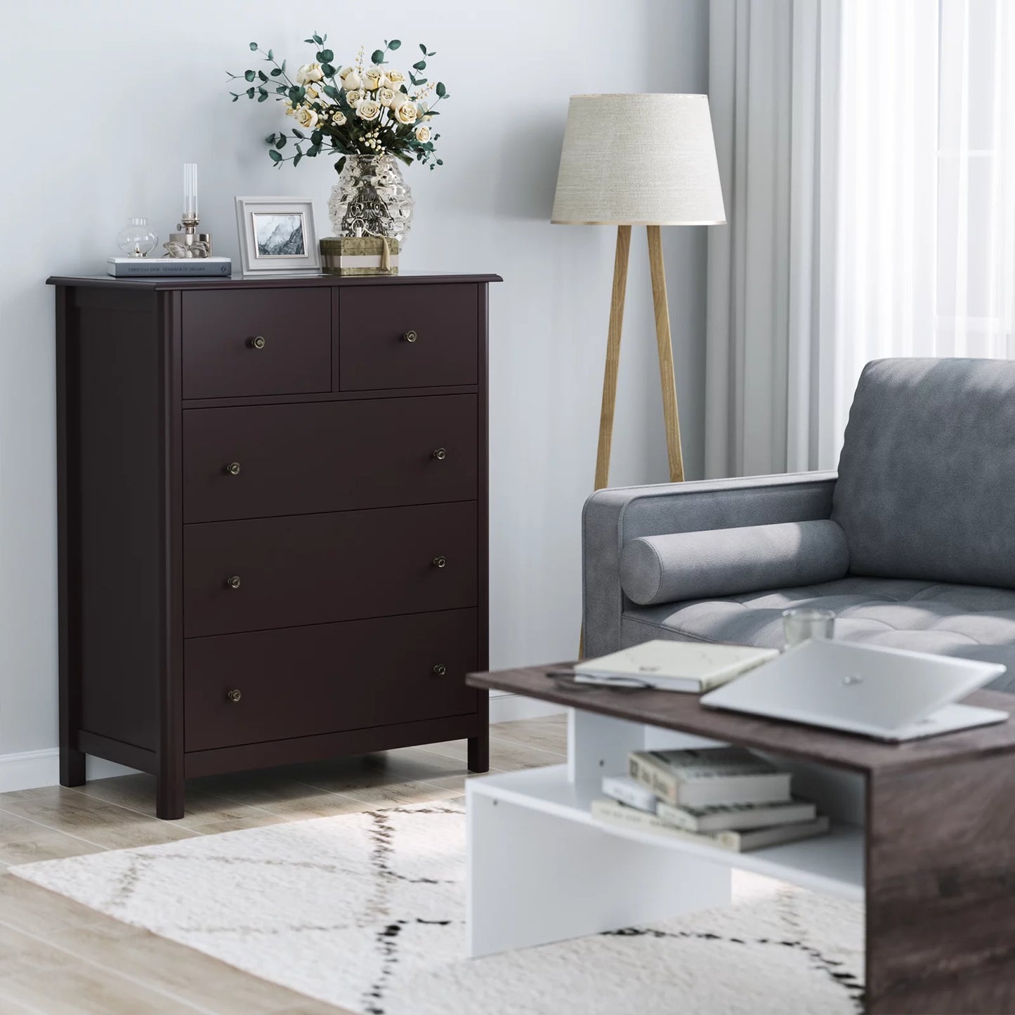 Brown 5-Drawer Dresser Chest | Bedroom & Living Room Storage Cabinet with Easy Pull Handles