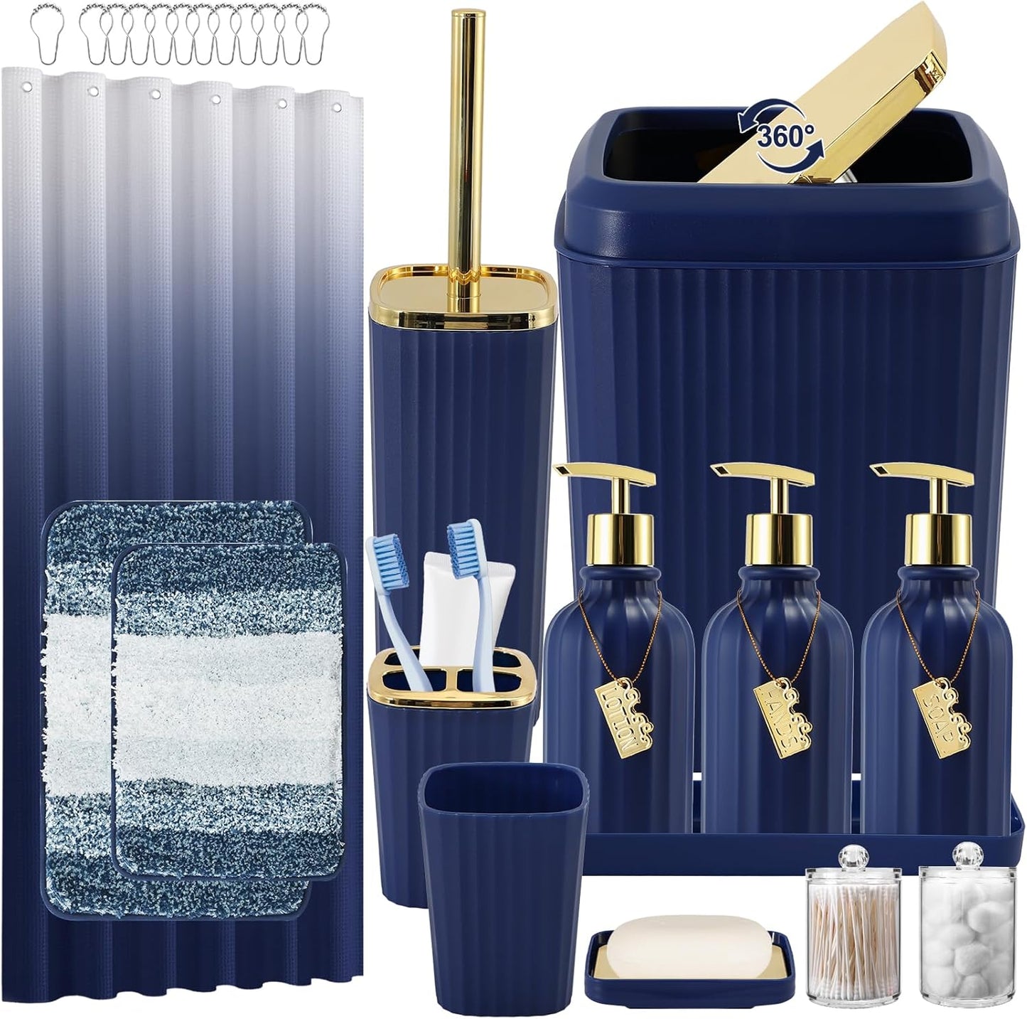 17-Piece Bathroom Accessory Set – Toilet Brush, Trash Can, Qtip Holder & 3 Soap Dispensers