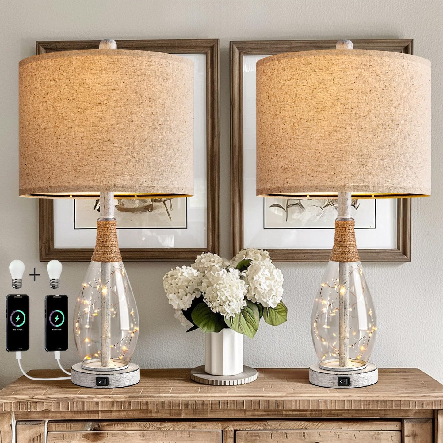 23" USB A+C Table Lamp Set of 2 | Modern Retro Farmhouse Rattan & Glass Bedside Lamps