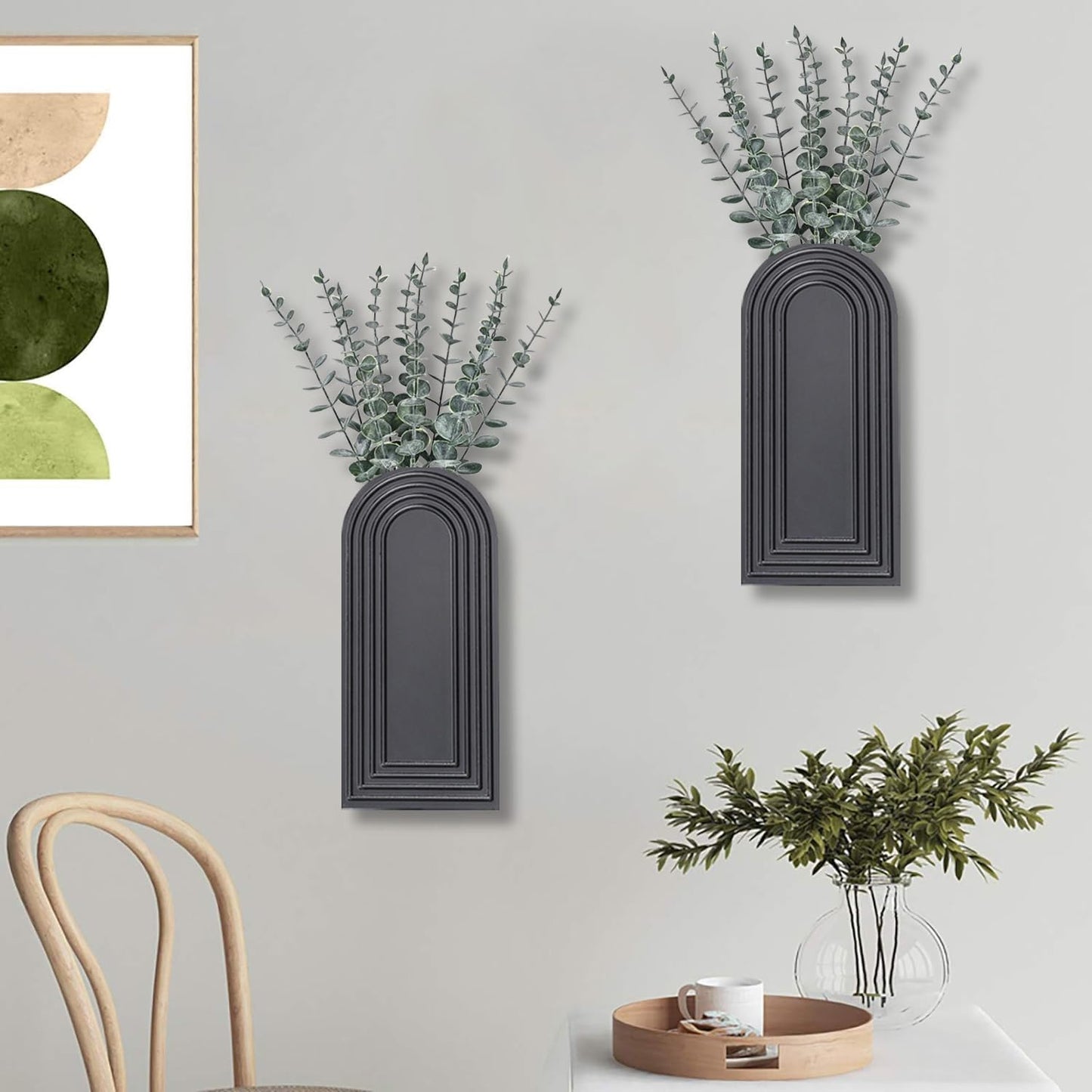 2-Pack Wooden Wall Vase Set | Black Modern Farmhouse & Boho Wall Decor for Entryway, Hallway & Living Spaces