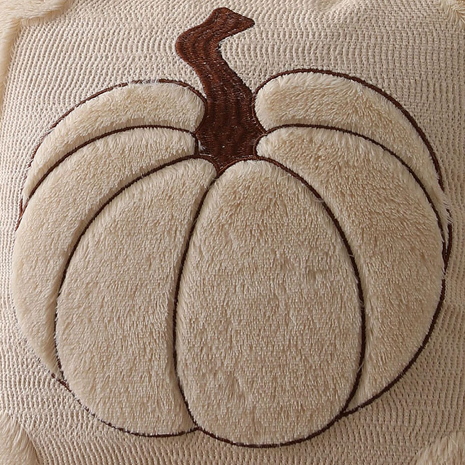 Fall Pillow Covers 18x18 Set of 2 | Beige Pumpkin Embroidery Plush Faux Fur Cushion Covers for Sofa