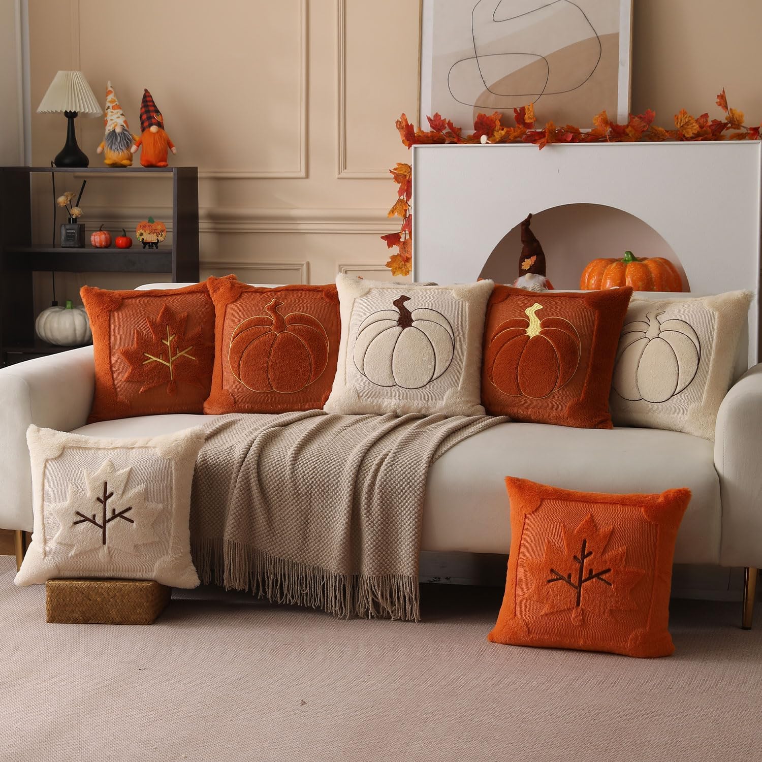 Fall Pillow Covers 18x18 Set of 2 | Beige Pumpkin Embroidery Plush Faux Fur Cushion Covers for Sofa