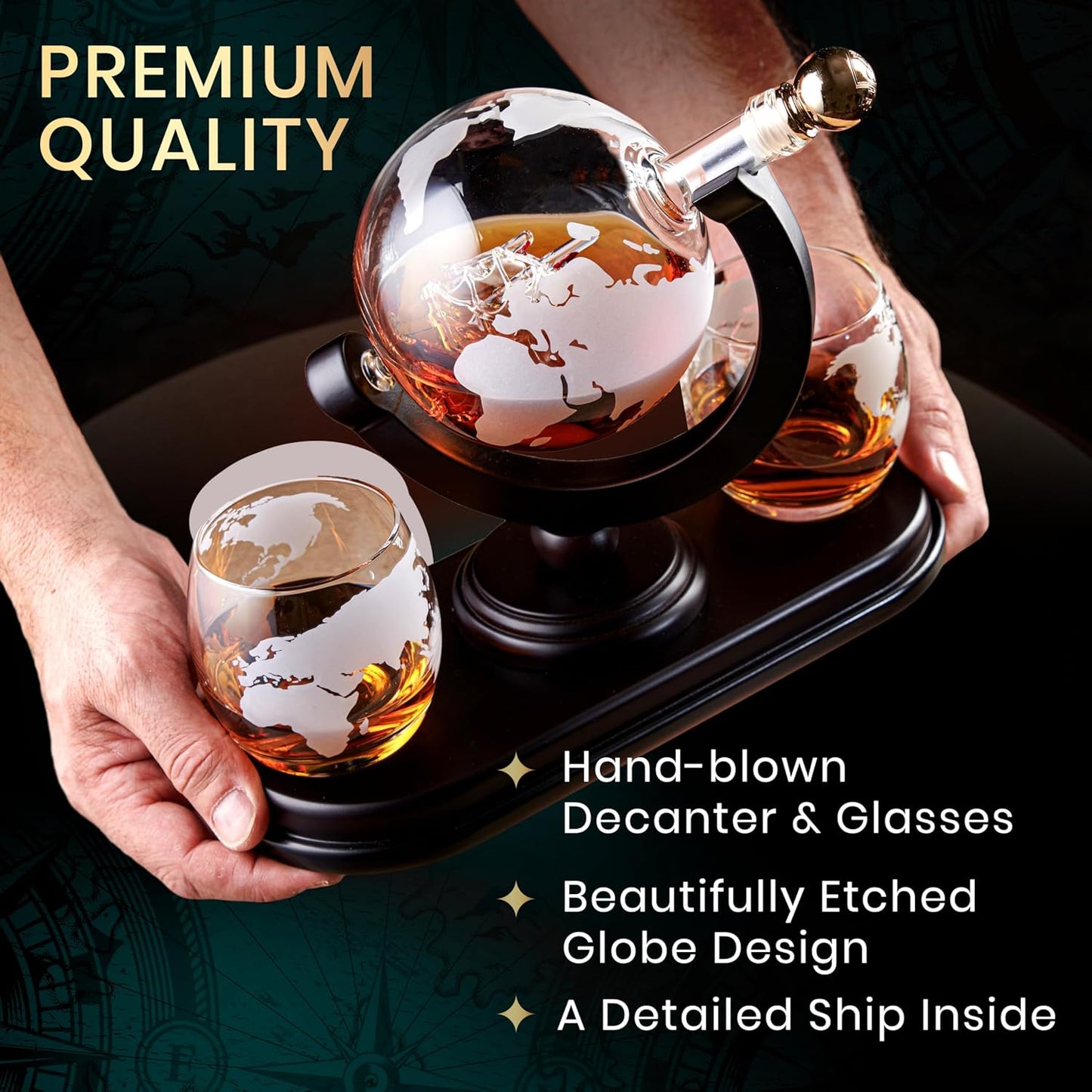 Globe Whiskey Decanter Gift Set | Etched World Map 29oz Decanter with Glasses for Bourbon & Liquor | Whiskey Gifts for Men