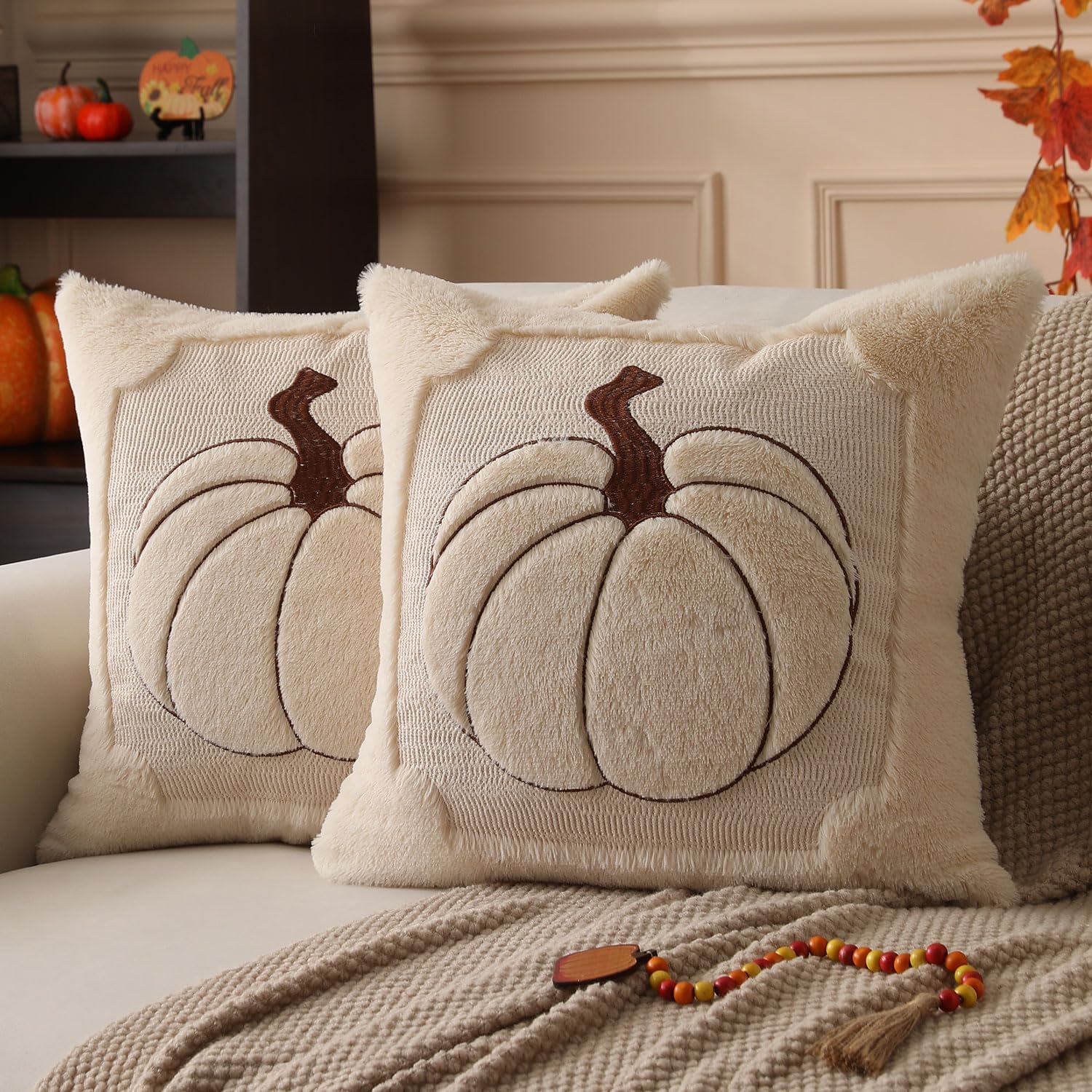 Fall Pillow Covers 18x18 Set of 2 | Beige Pumpkin Embroidery Plush Faux Fur Cushion Covers for Sofa