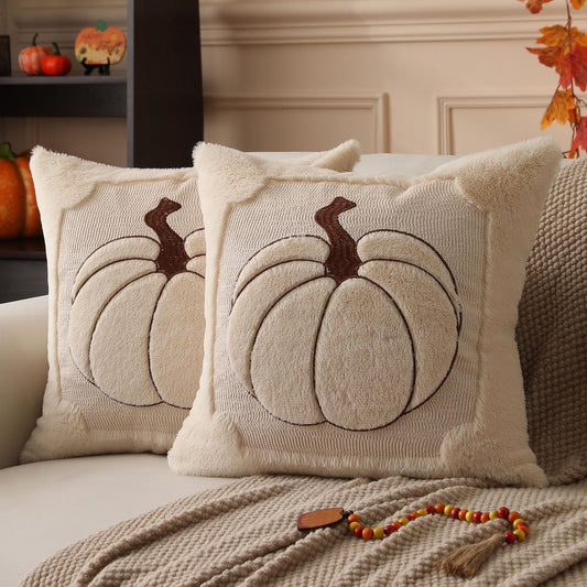 Fall Pillow Covers 18x18 Set of 2 | Beige Pumpkin Embroidery Plush Faux Fur Cushion Covers for Sofa