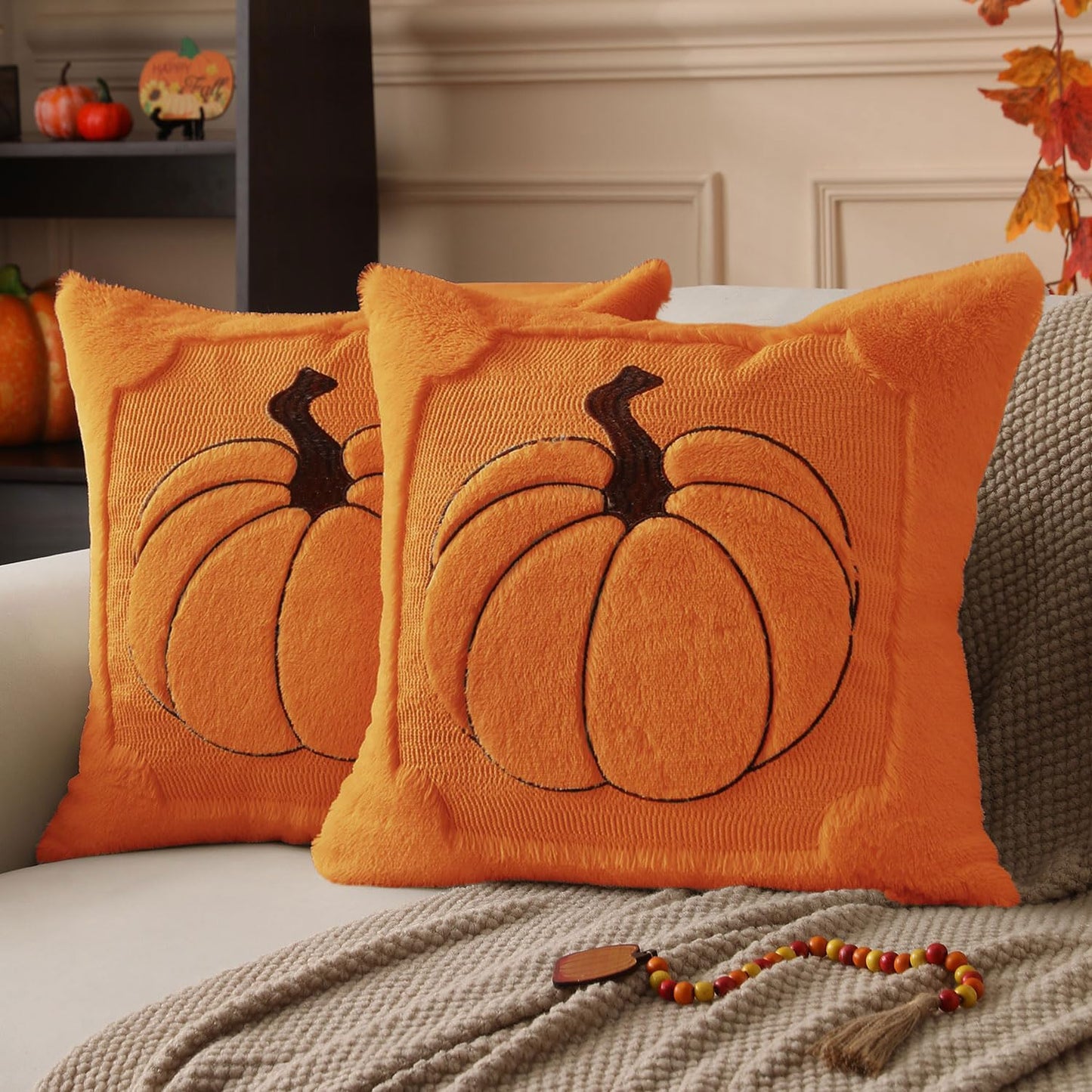 Fall Pillow Covers 18x18 Set of 2 | Beige Pumpkin Embroidery Plush Faux Fur Cushion Covers for Sofa