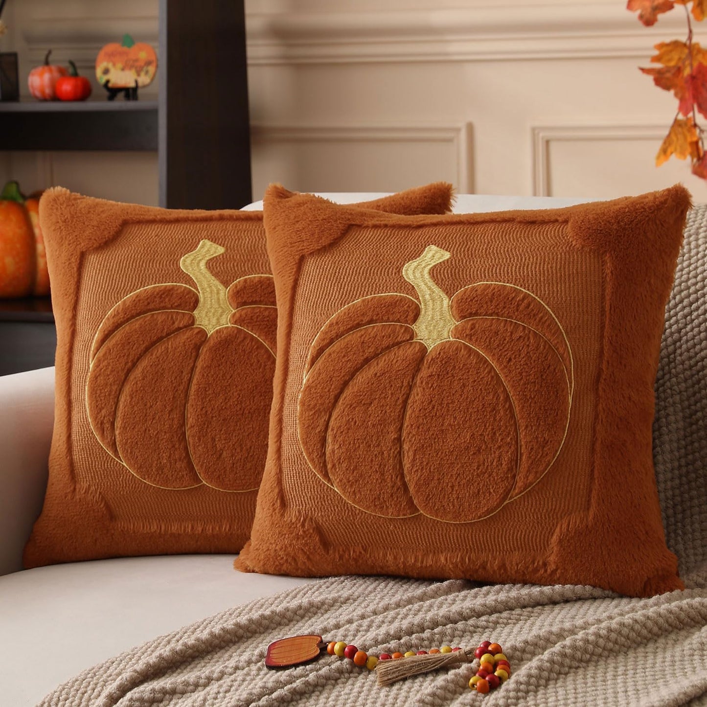 Fall Pillow Covers 18x18 Set of 2 | Beige Pumpkin Embroidery Plush Faux Fur Cushion Covers for Sofa