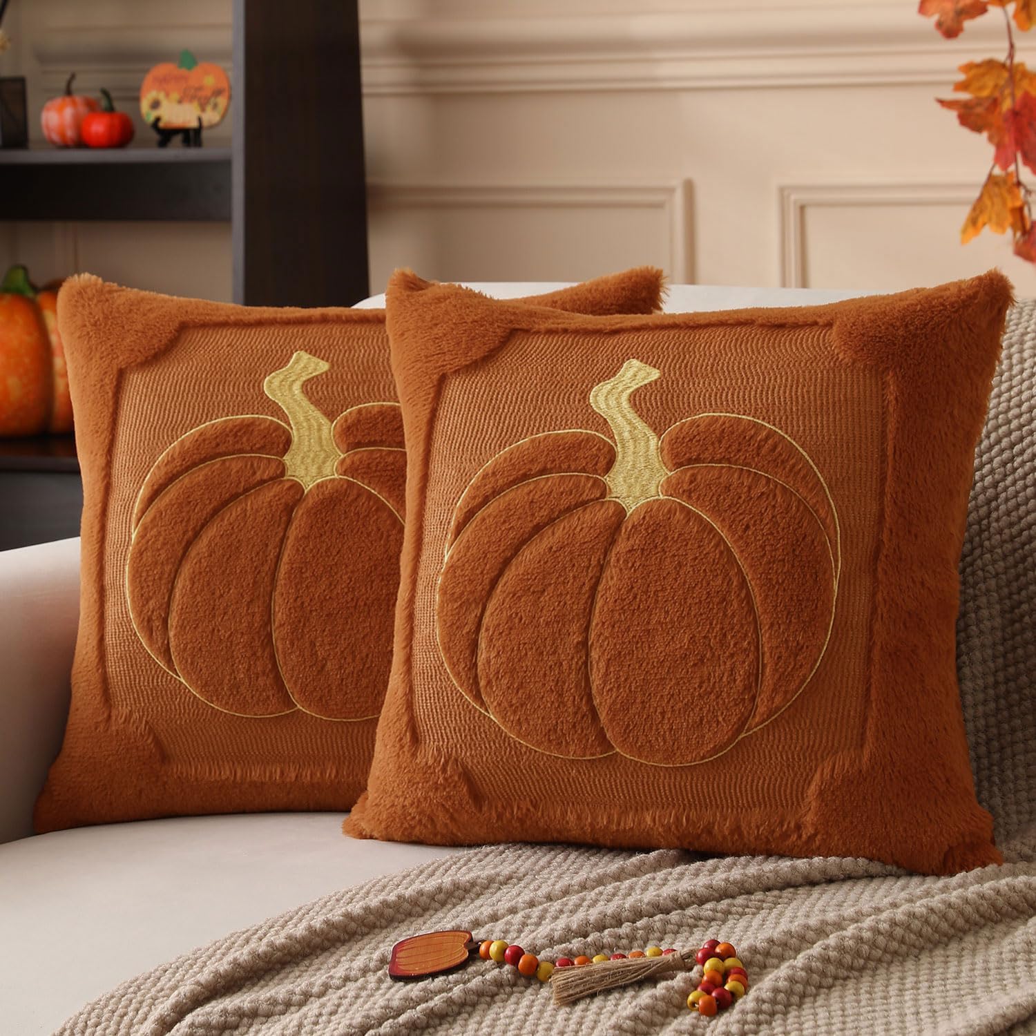 Fall Pillow Covers 18x18 Set of 2 | Beige Pumpkin Embroidery Plush Faux Fur Cushion Covers for Sofa
