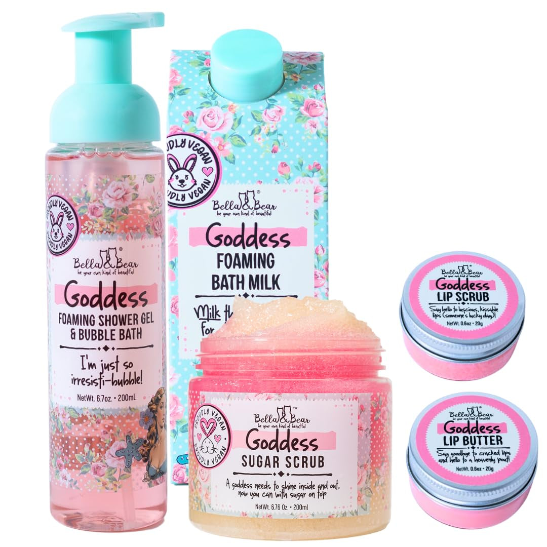 Goddess Mega Bath & Body Gift Set with Foaming Shower Gel & Bubble Bath, Bath Milk, Body Scrub & Lip Scrub and Lip Butter - Gift for Women