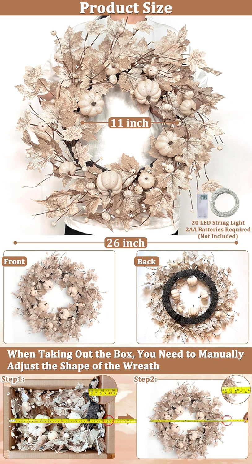 26-Inch Lighted Fall Wreath for Front Door | Foldable Autumn Maple Leaf & Pumpkin Wreath with Timer, Indoor/Outdoor Thanksgiving Harvest Décor